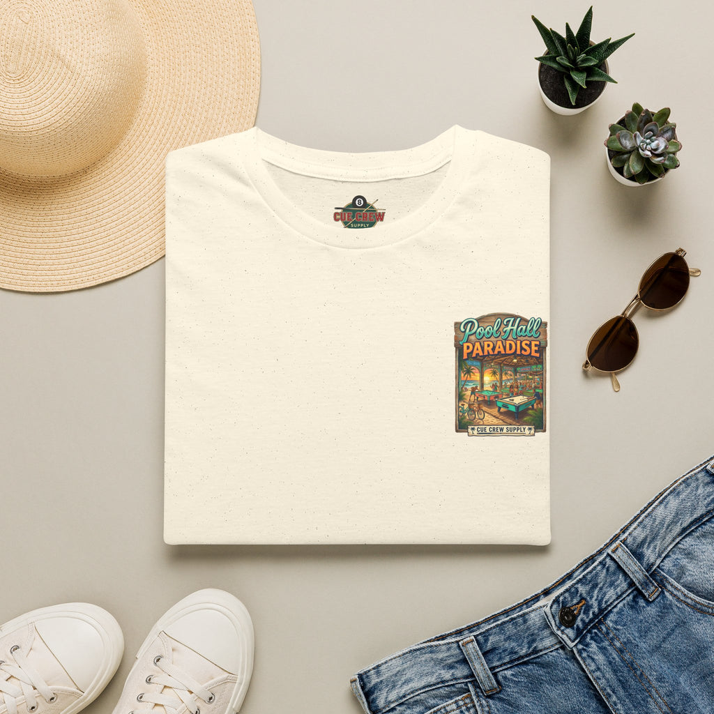 Pool Hall Paradise Tropical Billiards T-Shirt | Beach Bar Pool Player Graphic Tee | Front & Back Print