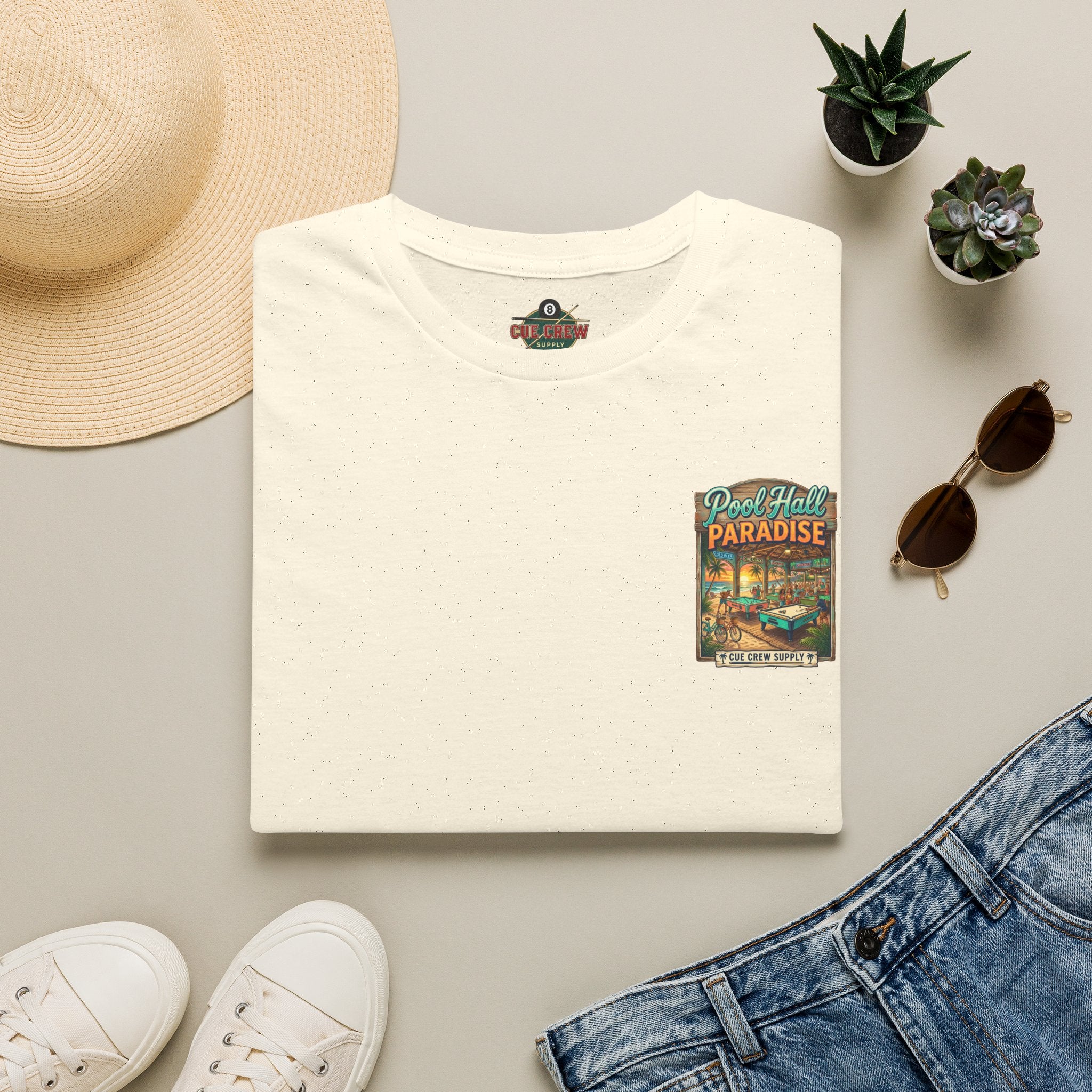 Pool Hall Paradise Tropical Billiards T-Shirt | Beach Bar Pool Player Graphic Tee | Front & Back Print