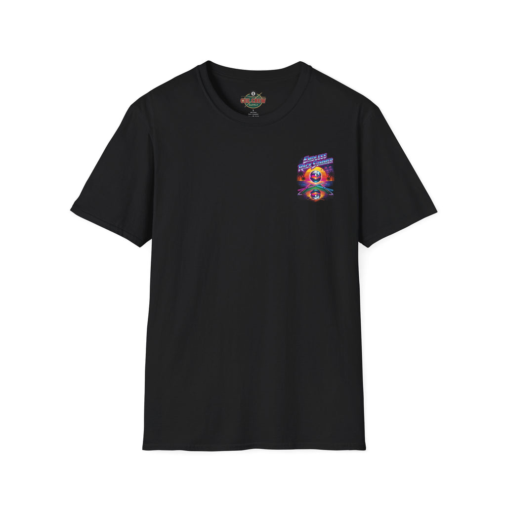 Endless Rack Summer Retro Sunset Billiards T-Shirt | Tropical 8 Ball Pool Player Graphic Tee | Front & Back Print