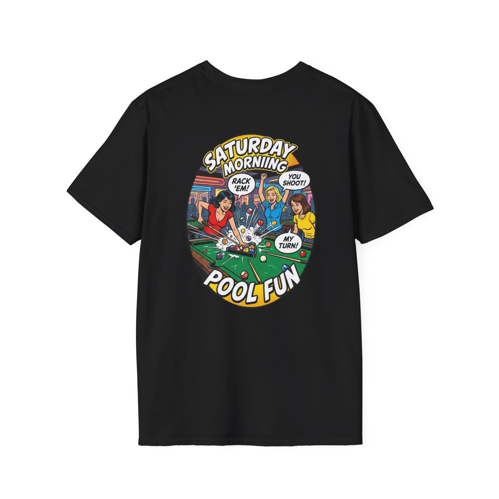 Saturday Morning Pool Fun Retro Comic Billiards T-Shirt | Funny Pool Player Graphic Tee | Front & Back Print