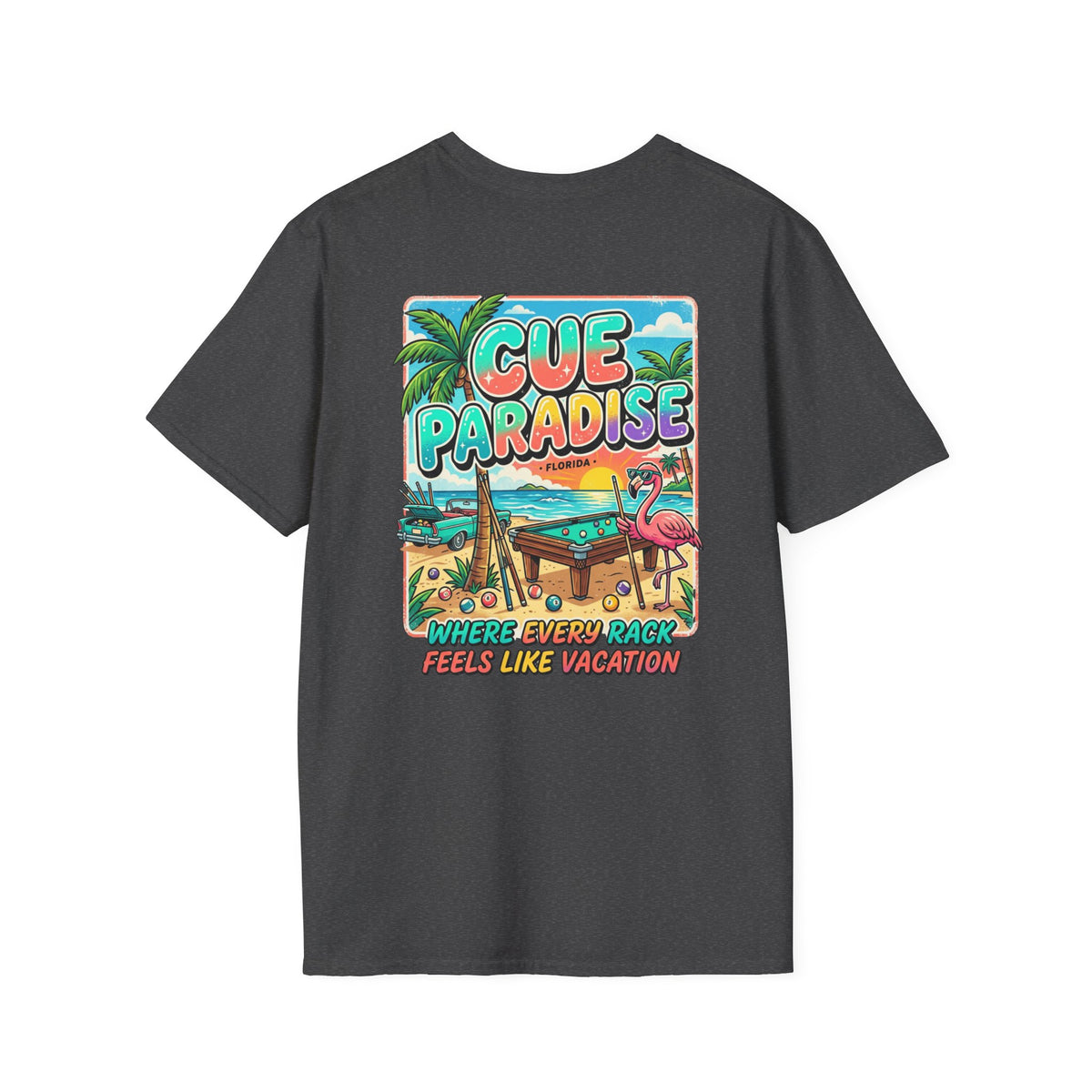 Cue Paradise Florida Billiards T-Shirt | Tropical Pool Player Beach Graphic Tee | Front & Back Print