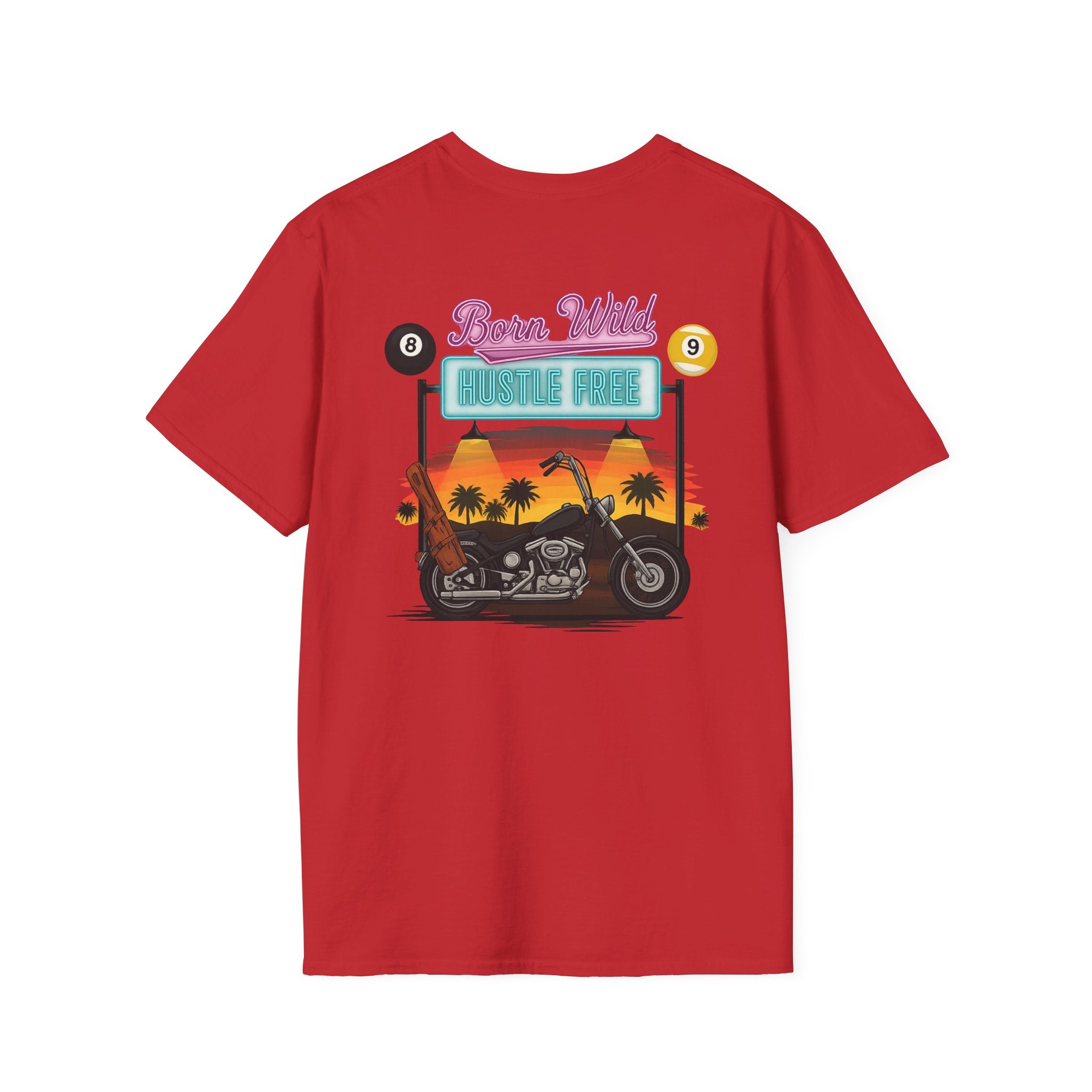 Born Wild, Hustle Free Biker Billiards T-Shirt – Funny Pool Player Motorcycle Graphic Tee | Front & Back Print