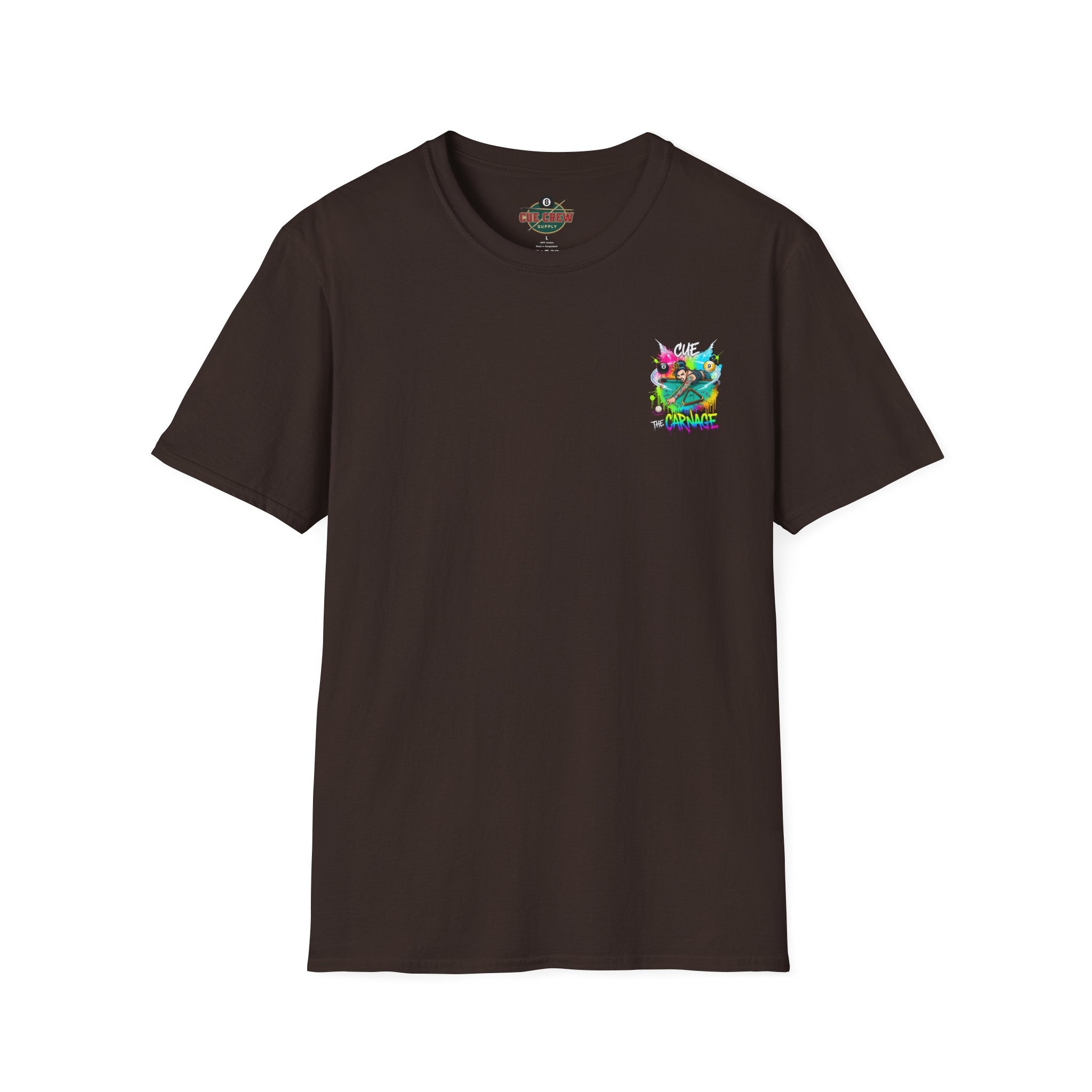 Cue the Carnage Funny Billiards T-Shirt – Tattooed Pool Shark Graphic Tee | Front & Back Print
