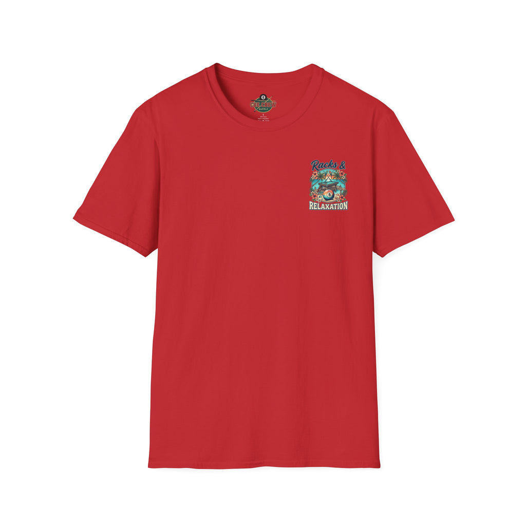Racks & Relaxation Tropical Billiards T-Shirt | Beach Pool Player Graphic Tee | Front & Back Print