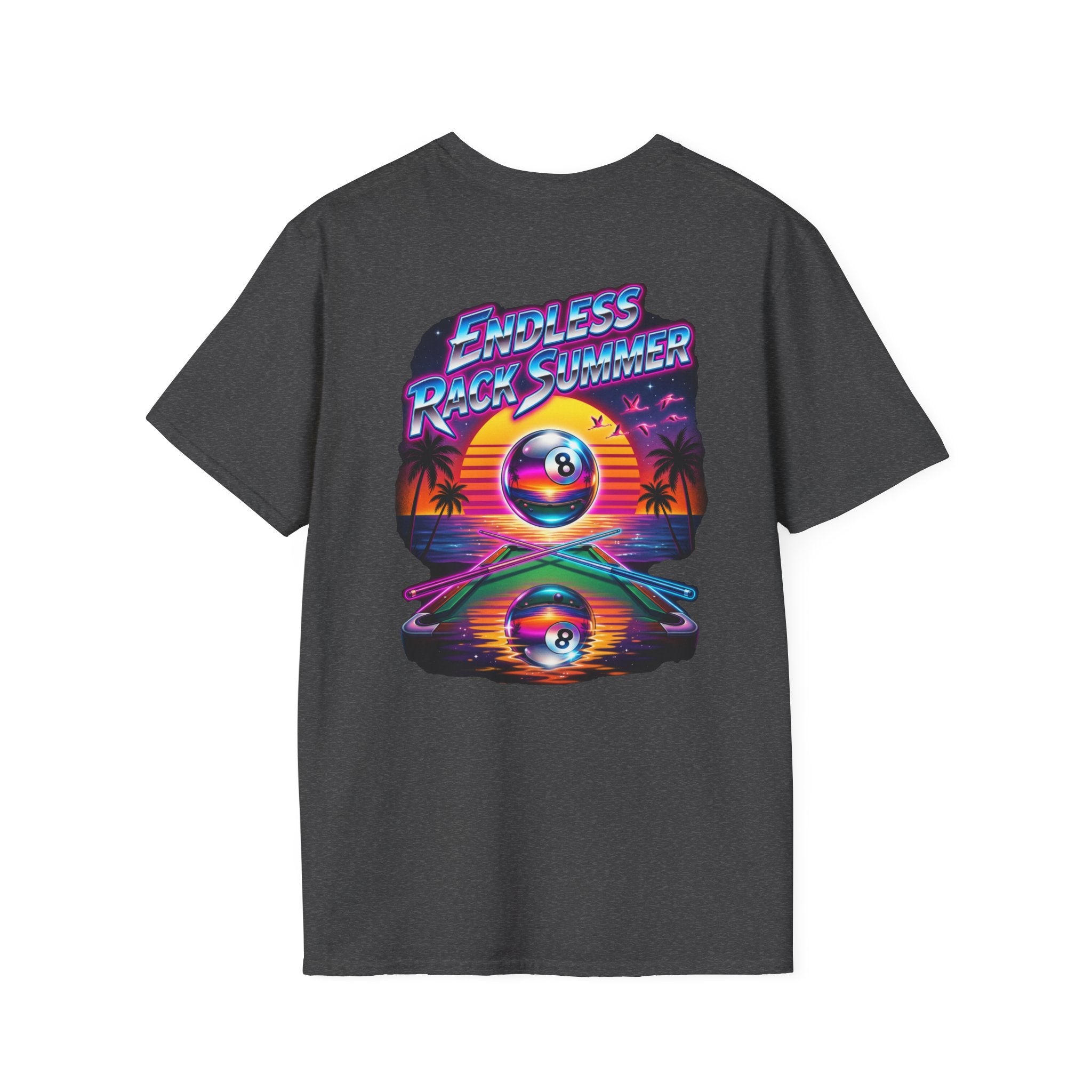 Endless Rack Summer Retro Sunset Billiards T-Shirt | Tropical 8 Ball Pool Player Graphic Tee | Front & Back Print