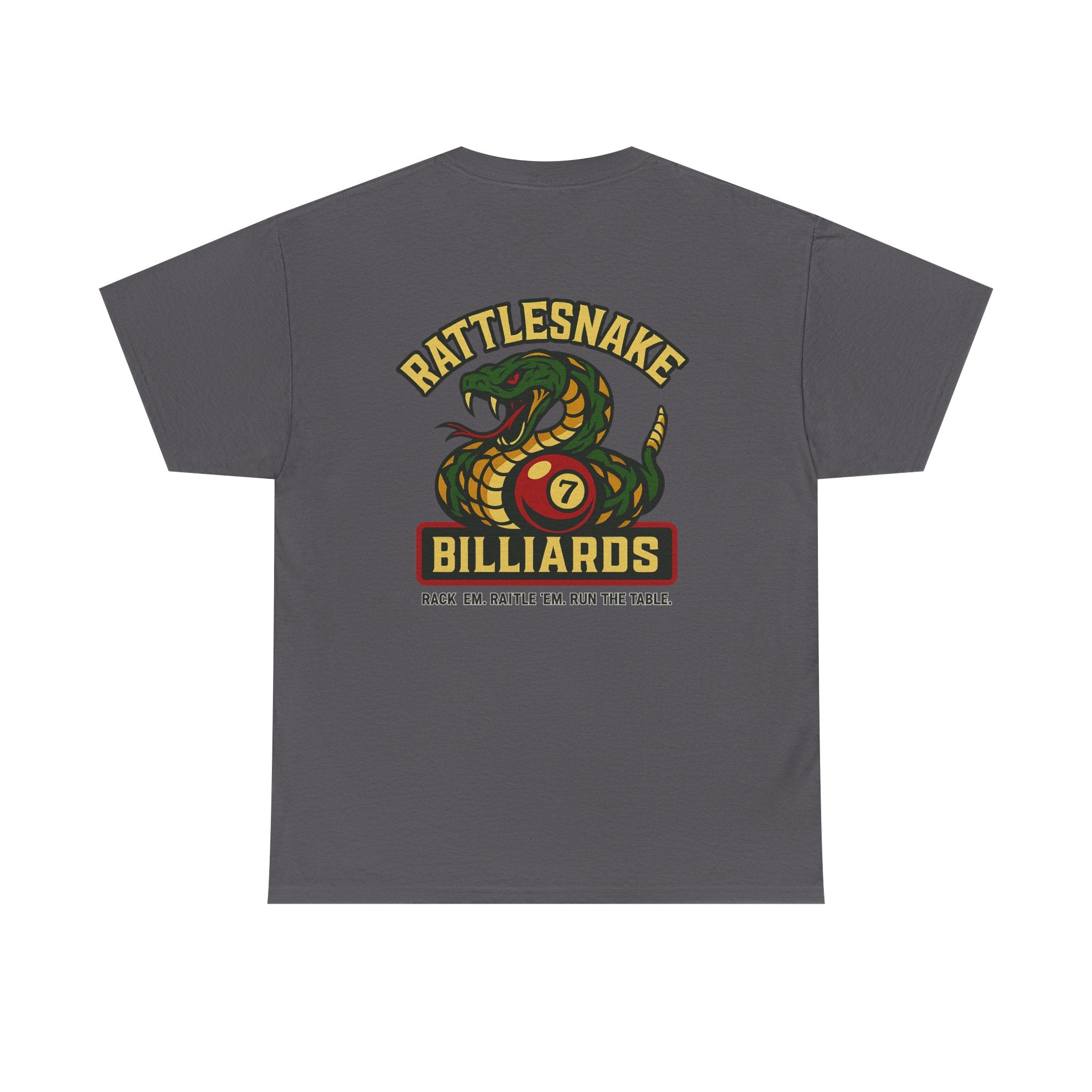 Rattlesnake Billiards - Rack 'Em, Rattle 'Em, Run The Table - Strike Hard, Play Bold Tee