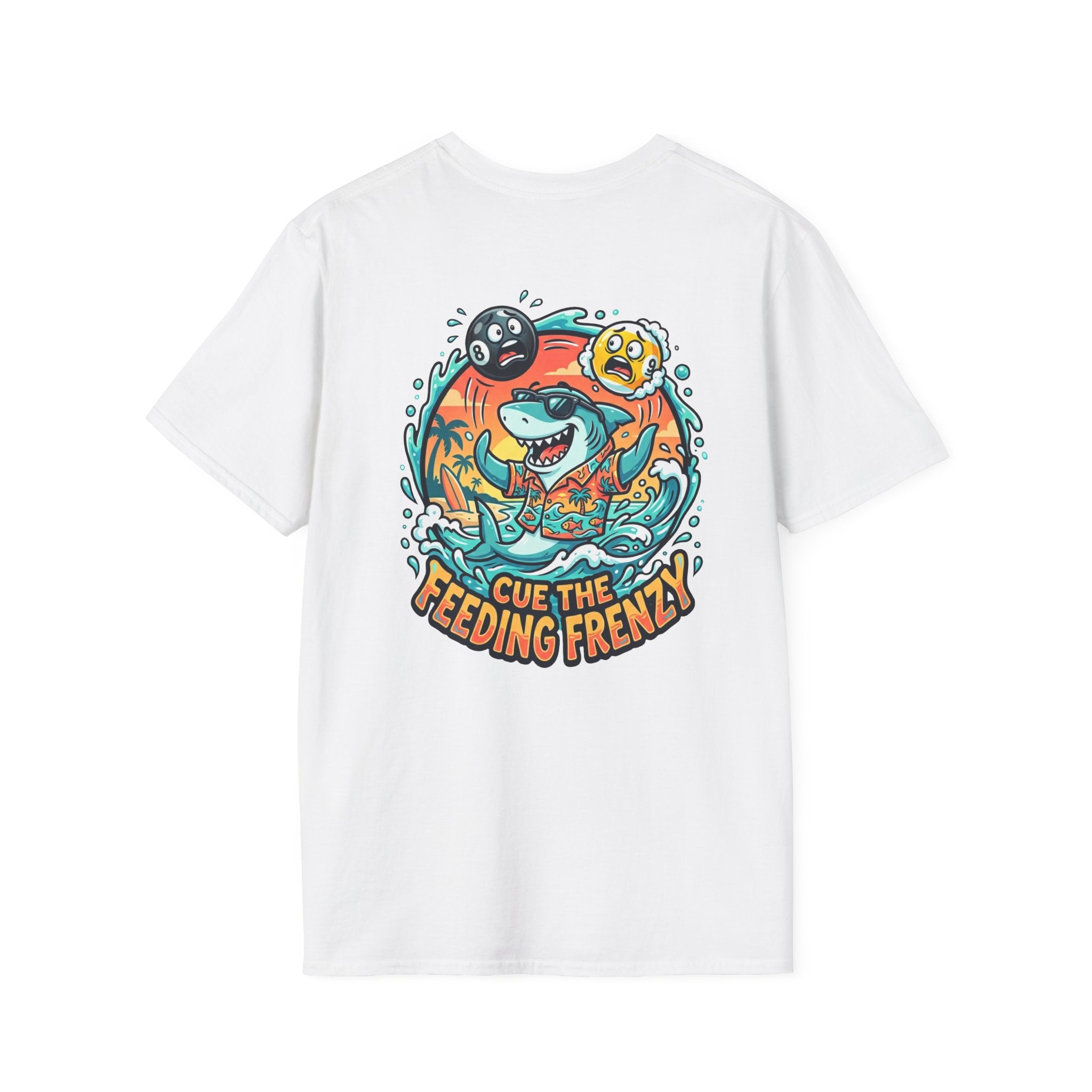 Cue the Feeding Frenzy Shark Billiards T-Shirt | Tropical Pool Player Graphic Tee | Front & Back Print