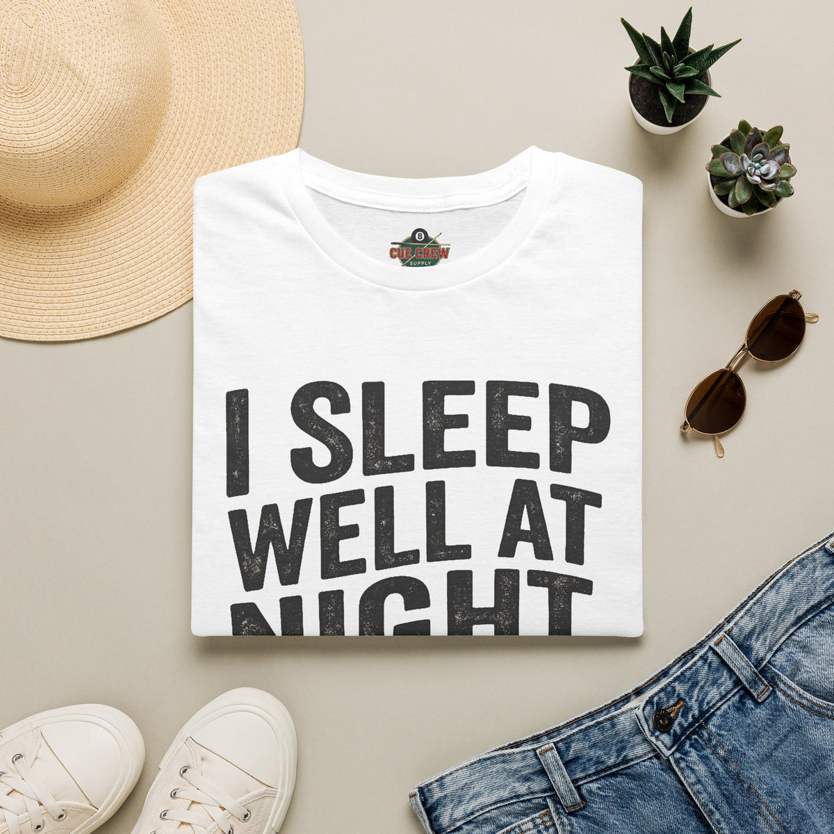 I Sleep Well at Night Funny Billiards T-Shirt – Pool Player 8 Ball Graphic Tee