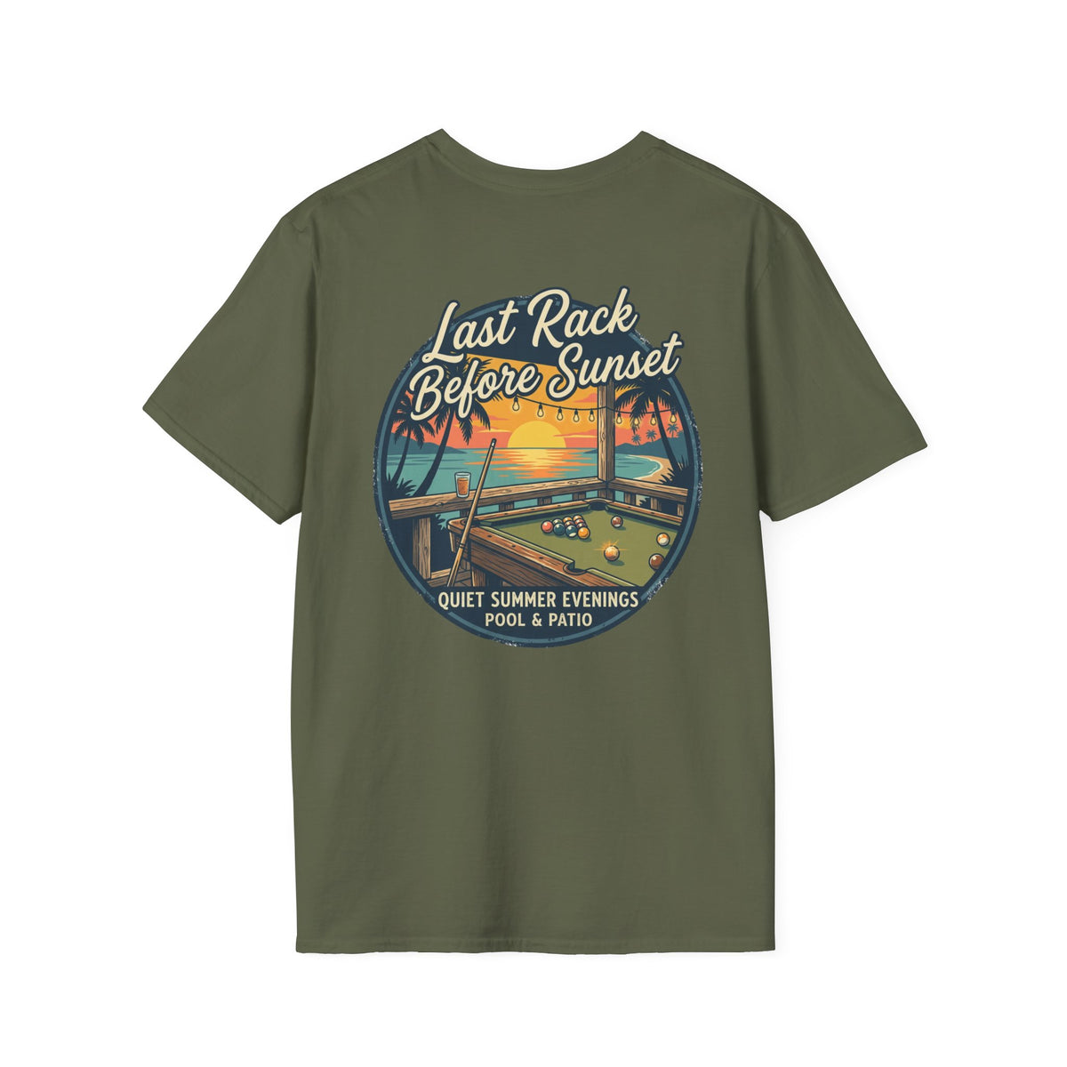 Last Rack Before Sunset Billiards T-Shirt | Tropical Pool Hall Sunset Graphic Tee | Beach Vibes Pool Player Shirt