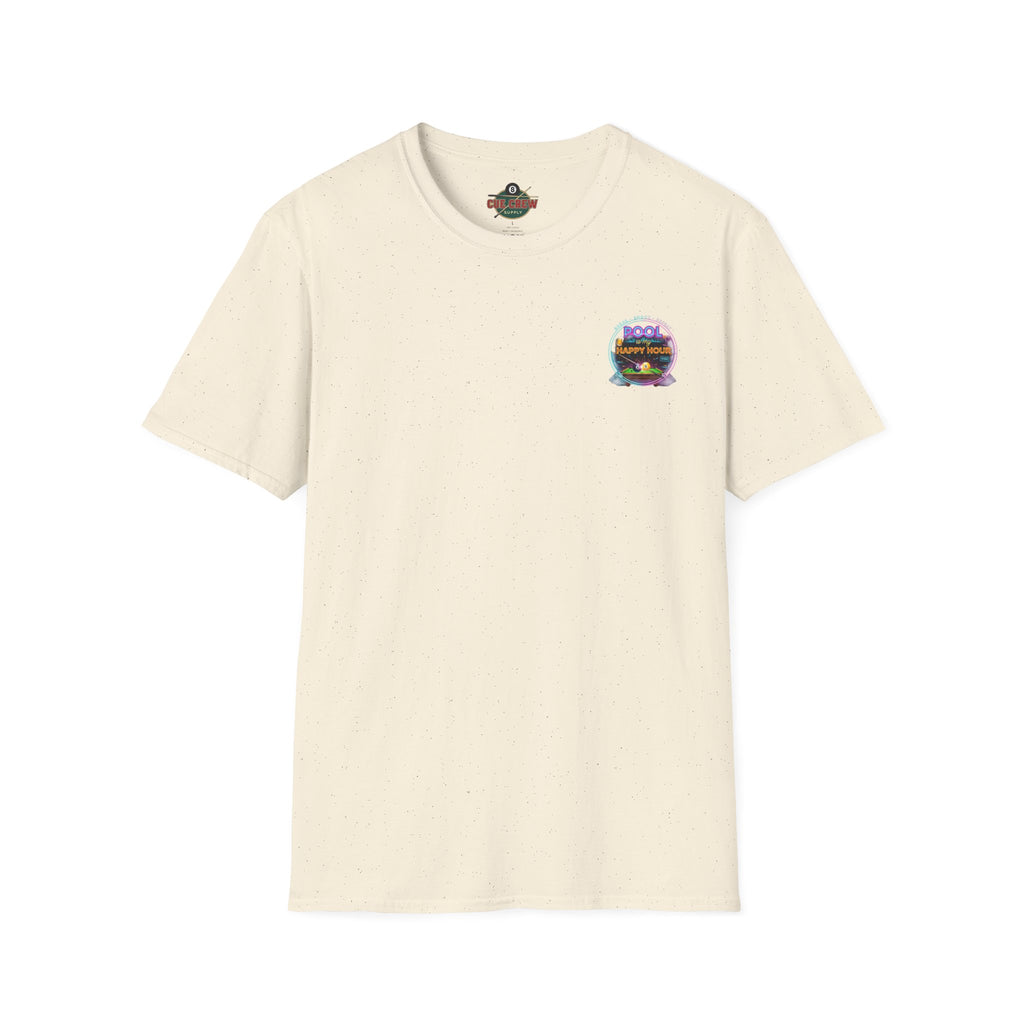 Pool Is My Happy Hour Funny Billiards T-Shirt | Neon Pool Hall Graphic Tee | Front & Back Print