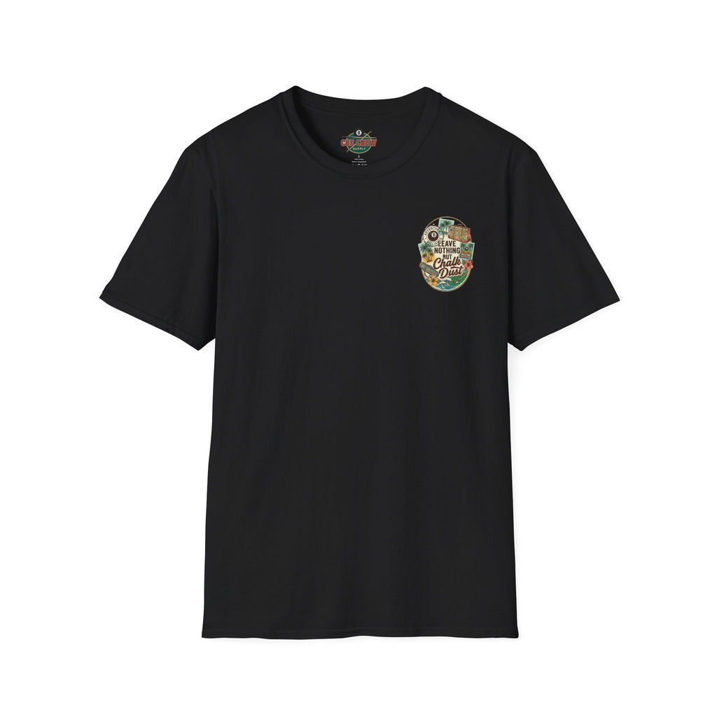 Leave Nothing But Chalk Dust | Tropical Pool Hall Vacation Billiards T-Shirt | Front & Back Graphic Tee