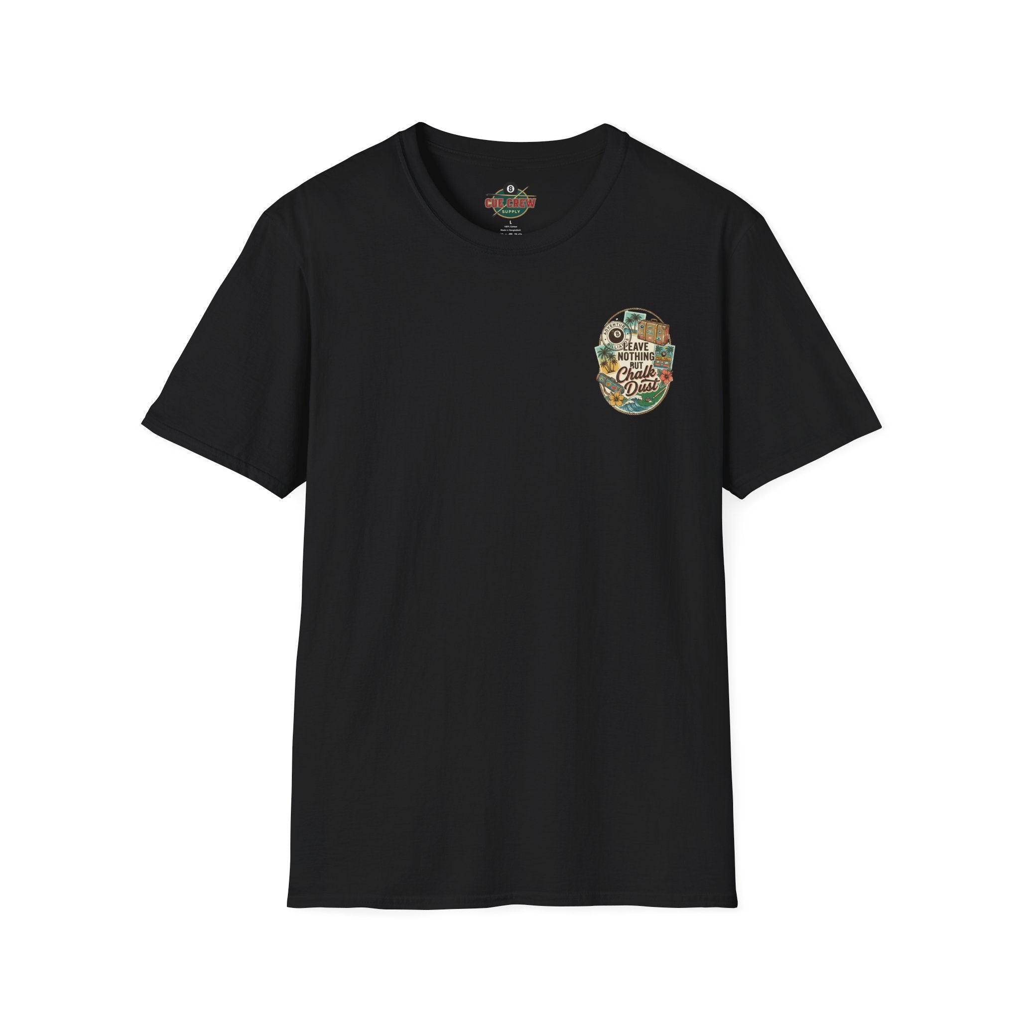 Leave Nothing But Chalk Dust | Tropical Pool Hall Vacation Billiards T-Shirt | Front & Back Graphic Tee