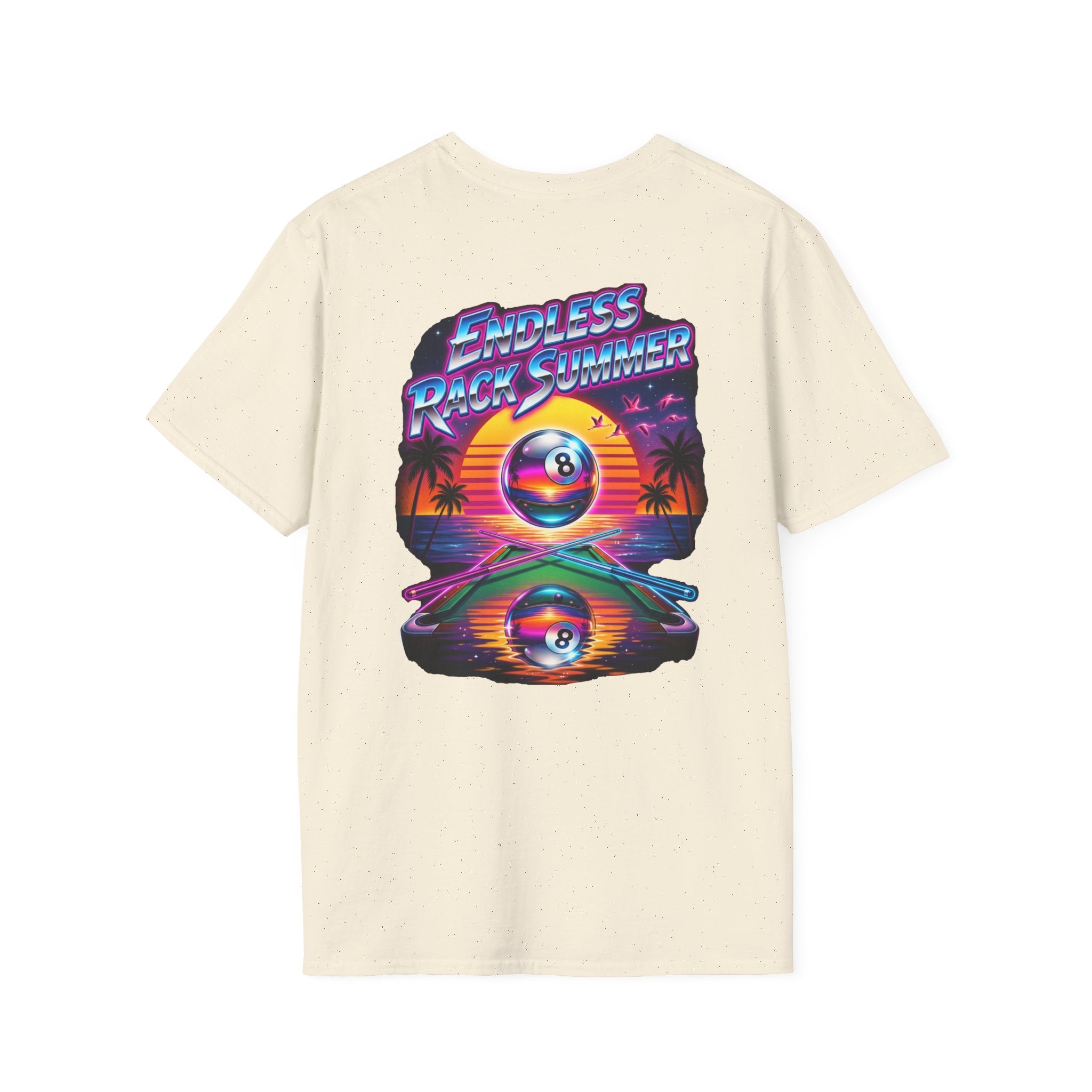 Endless Rack Summer Retro Sunset Billiards T-Shirt | Tropical 8 Ball Pool Player Graphic Tee | Front & Back Print