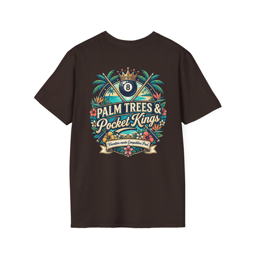 Palm Trees & Pocket Kings Billiards T-Shirt | Tropical Pool Player Graphic Tee | Vacation Pool Hall Shirt | Front & Back Print