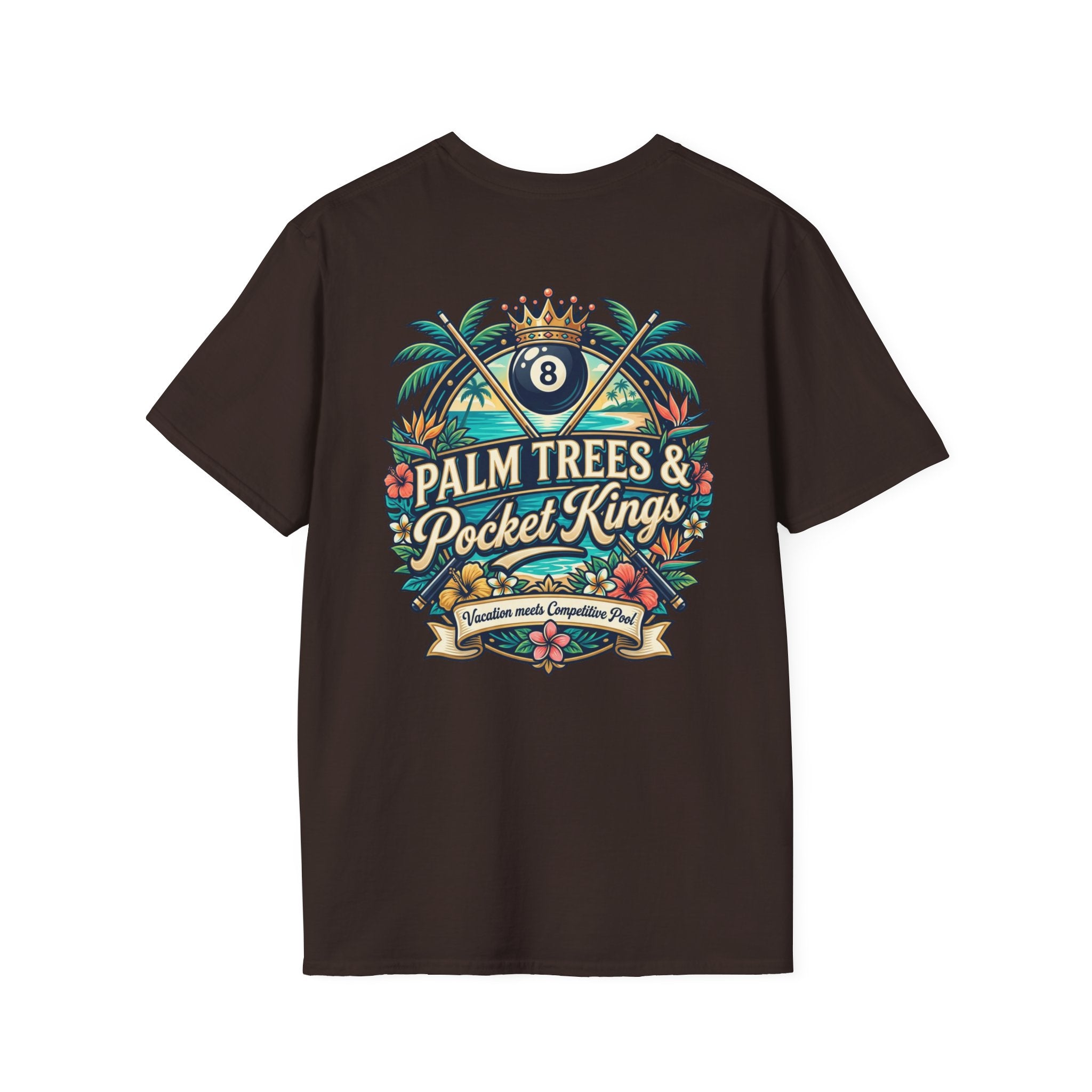 Palm Trees & Pocket Kings Billiards T-Shirt | Tropical Pool Player Graphic Tee | Vacation Pool Hall Shirt | Front & Back Print