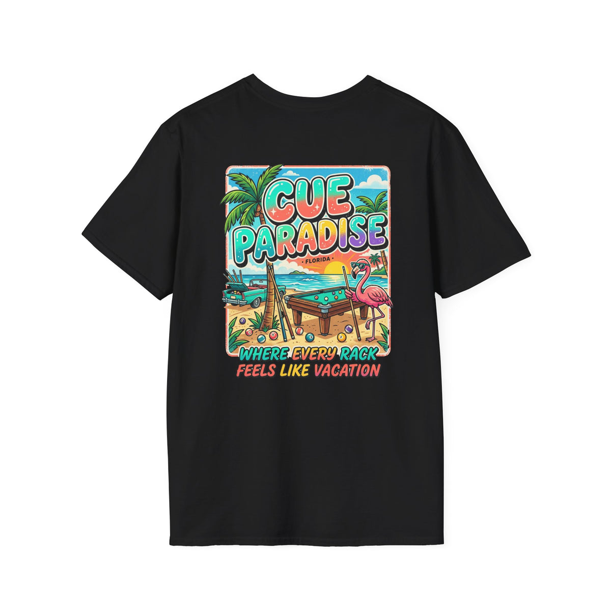 Cue Paradise Florida Billiards T-Shirt | Tropical Pool Player Beach Graphic Tee | Front & Back Print