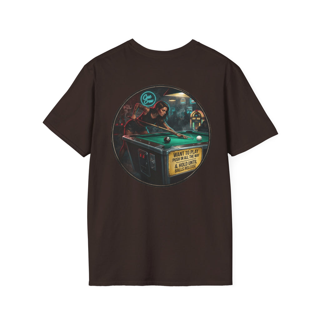 Push In All The Way Billiards T-Shirt – Vintage Coin-Op Pool Hall Graphic Tee | Front & Back Print