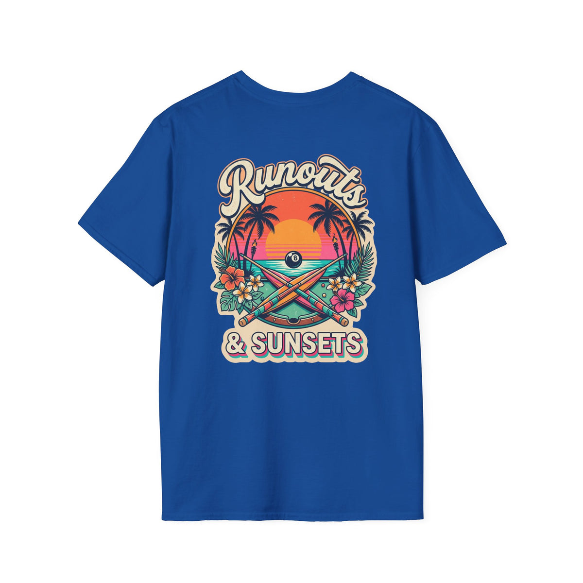 Runouts & Sunsets Tropical Billiards T-Shirt | Beach Pool Player Graphic Tee | Front & Back Print