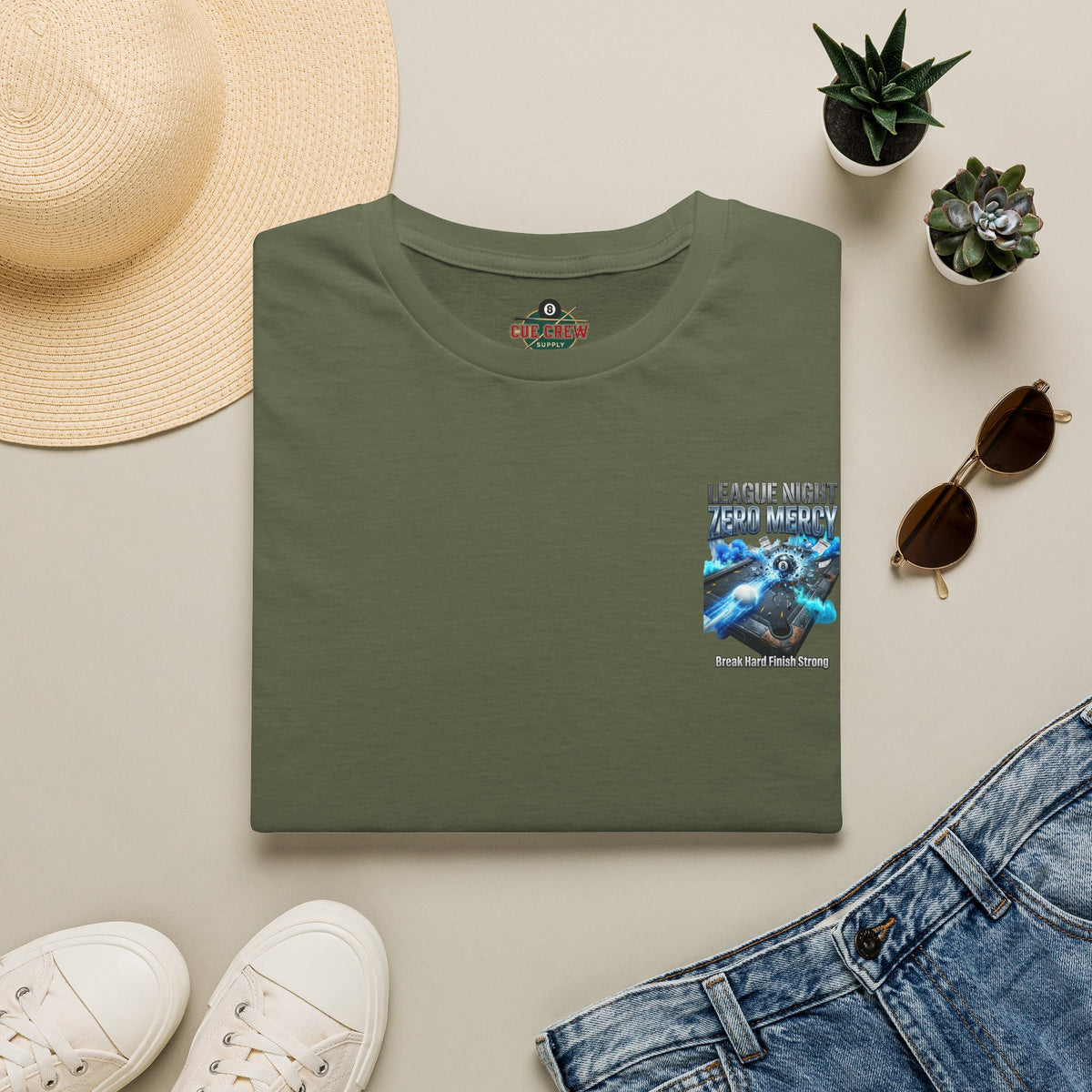 League Night Zero Mercy Billiards T-Shirt | Break Hard Finish Strong Pool Player Graphic Tee | Front & Back Print