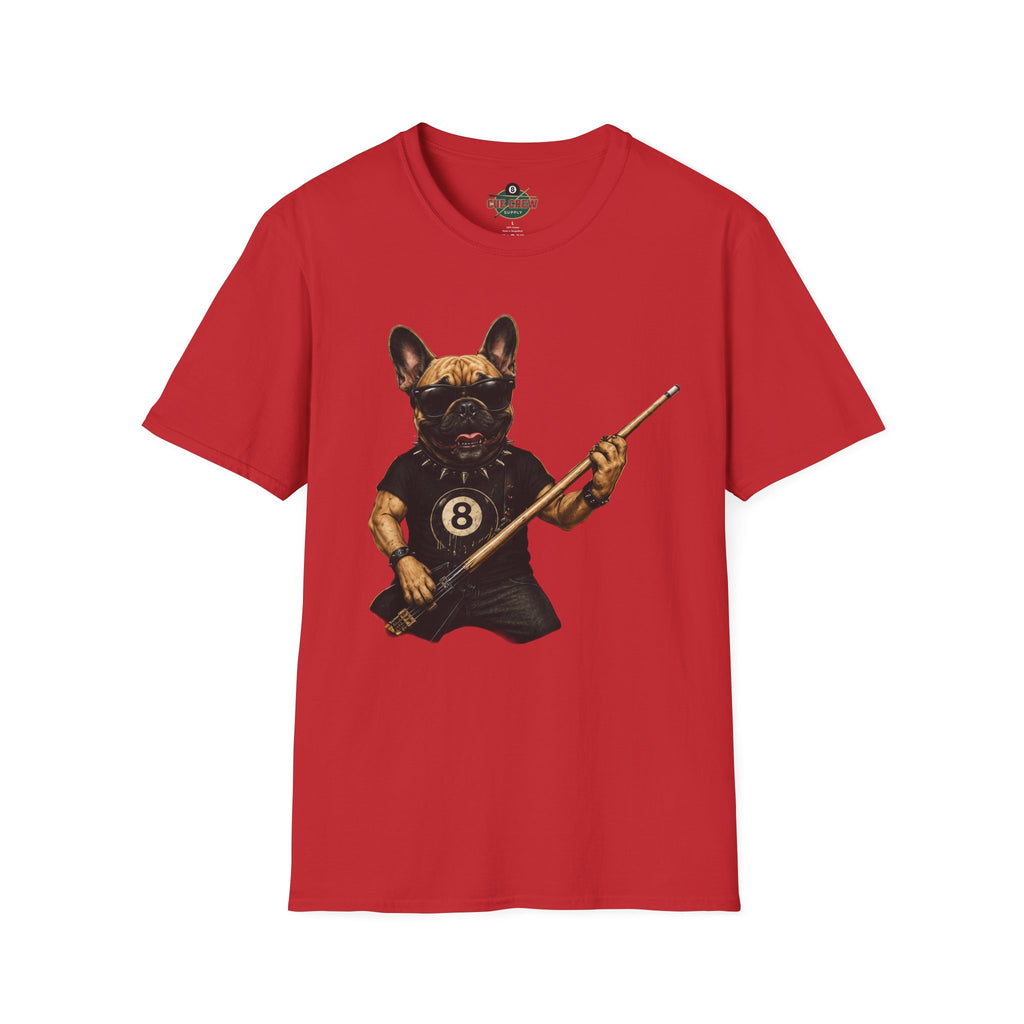 Rockin' French Bulldog Playing Cue Guitar Funny Billiards T-Shirt | Pool Dog Graphic Front Print Unisex Tee