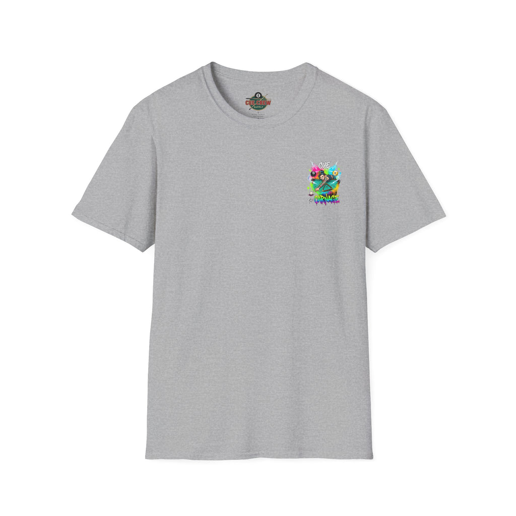 Cue the Carnage Funny Billiards T-Shirt – Tattooed Pool Shark Graphic Tee | Front & Back Print