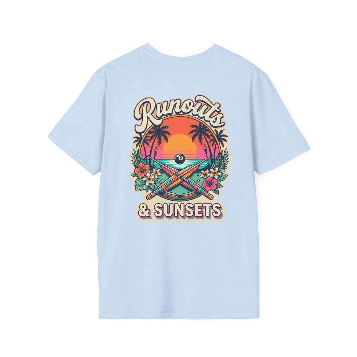 Runouts & Sunsets Tropical Billiards T-Shirt | Beach Pool Player Graphic Tee | Front & Back Print
