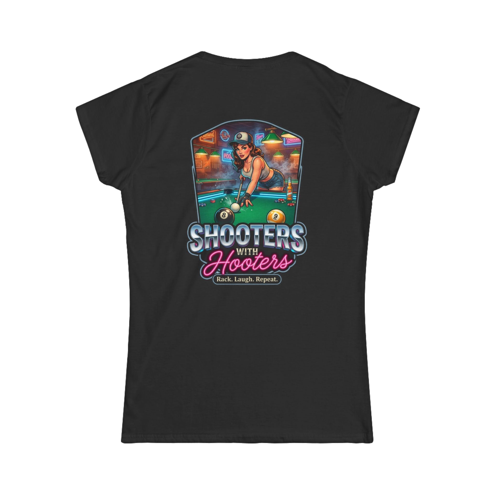 Shooters With Hooters Women's Billiards T-Shirt – Funny Pool Player Graphic Tee | Front & Back Print