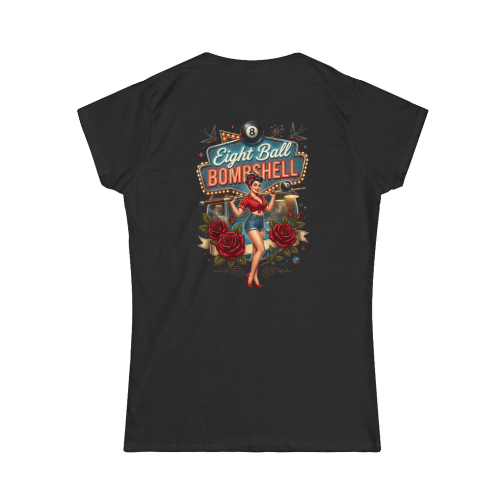 Eight Ball Bombshell V2 Women's Billiards T-Shirt | Retro Pin-Up Pool Player Graphic Tee | Front & Back Print