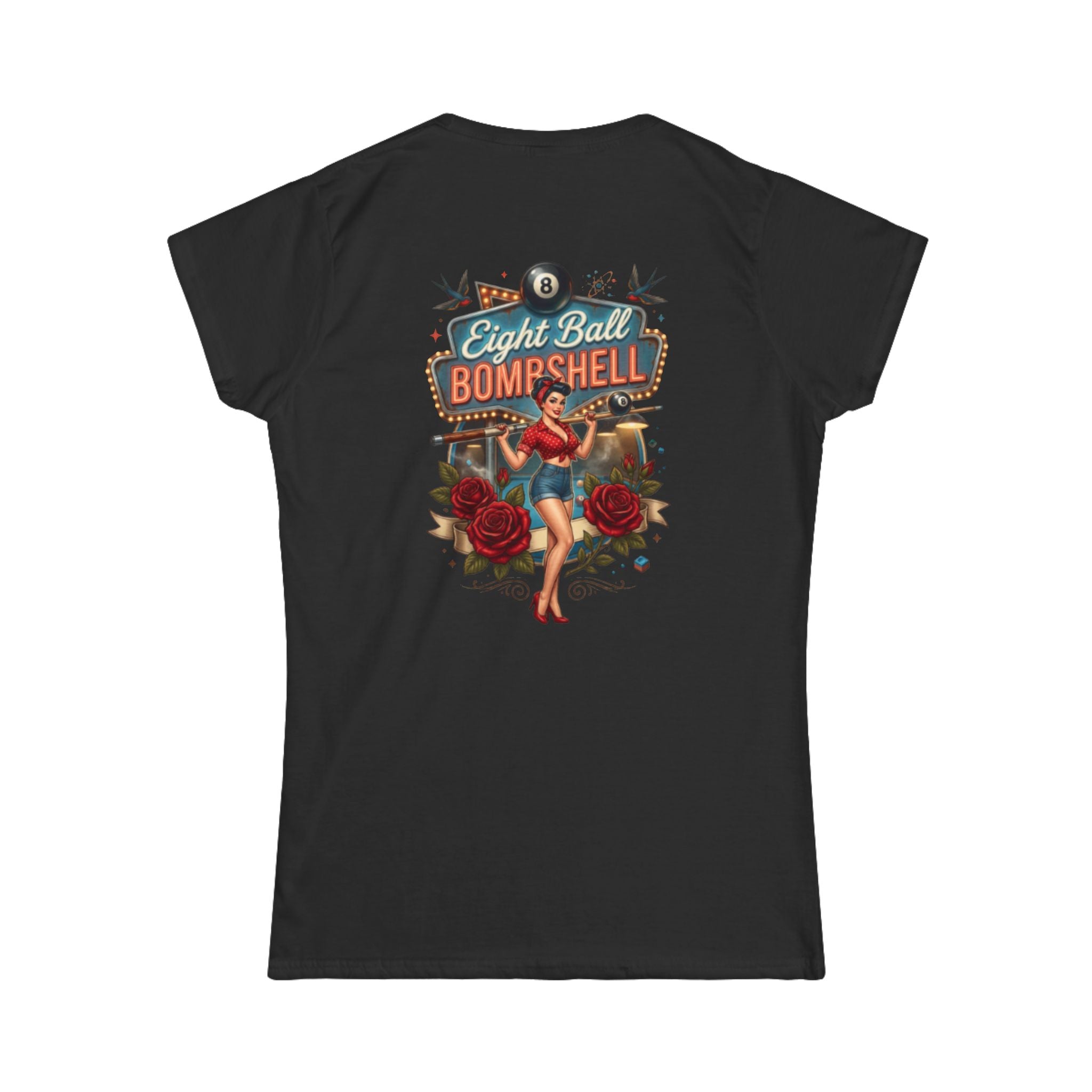 Eight Ball Bombshell V2 Women's Billiards T-Shirt | Retro Pin-Up Pool Player Graphic Tee | Front & Back Print