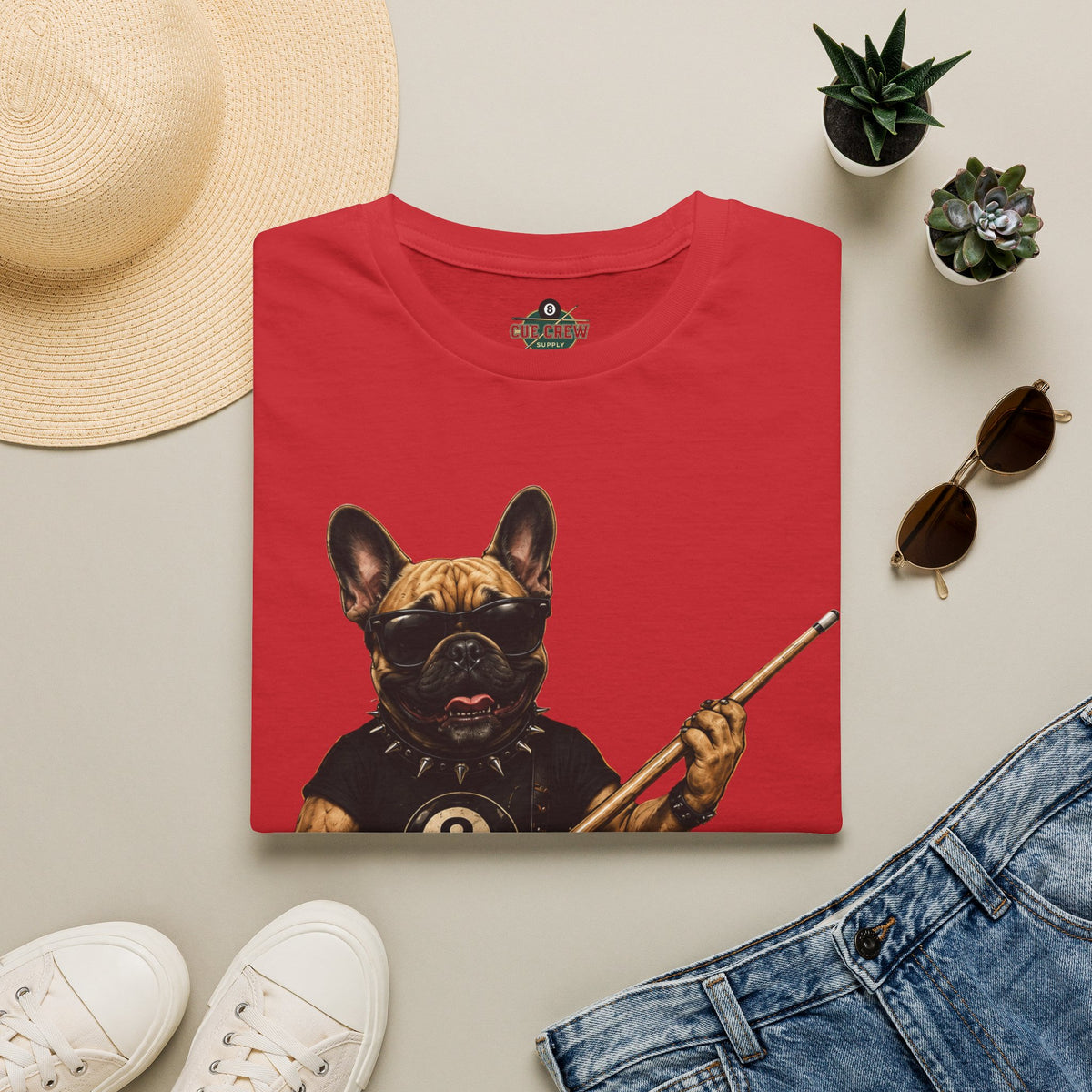 Rockin' French Bulldog Playing Cue Guitar Funny Billiards T-Shirt | Pool Dog Graphic Front Print Unisex Tee