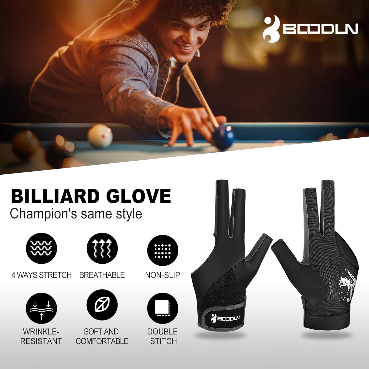 Billiard Pool Gloves for Left Hand 3 Finger, Splicing Process, Snooker Cue Sport Glove Popular Sizes for Men & Women
