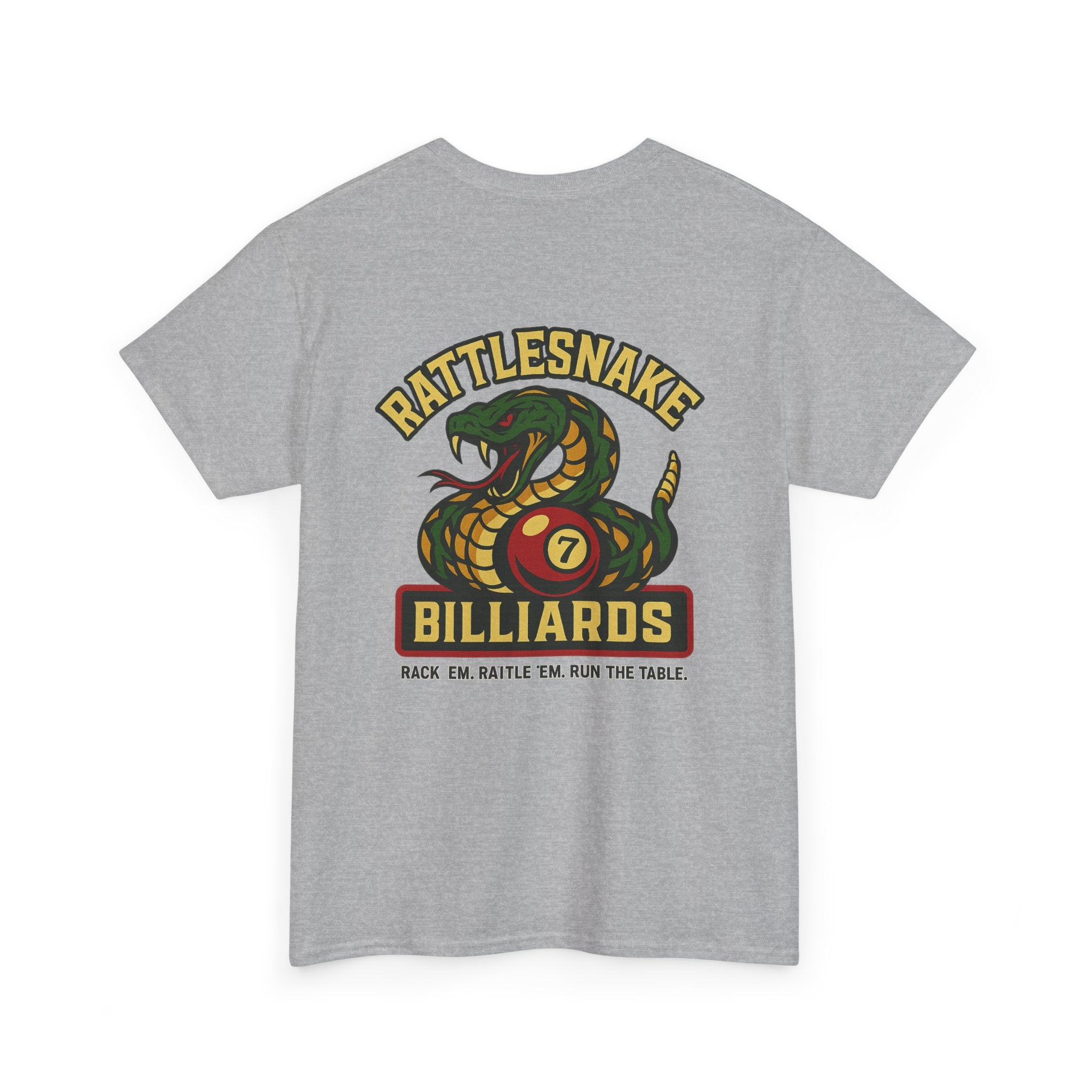Rattlesnake Billiards - Rack 'Em, Rattle 'Em, Run The Table - Strike Hard, Play Bold Gildan Tee