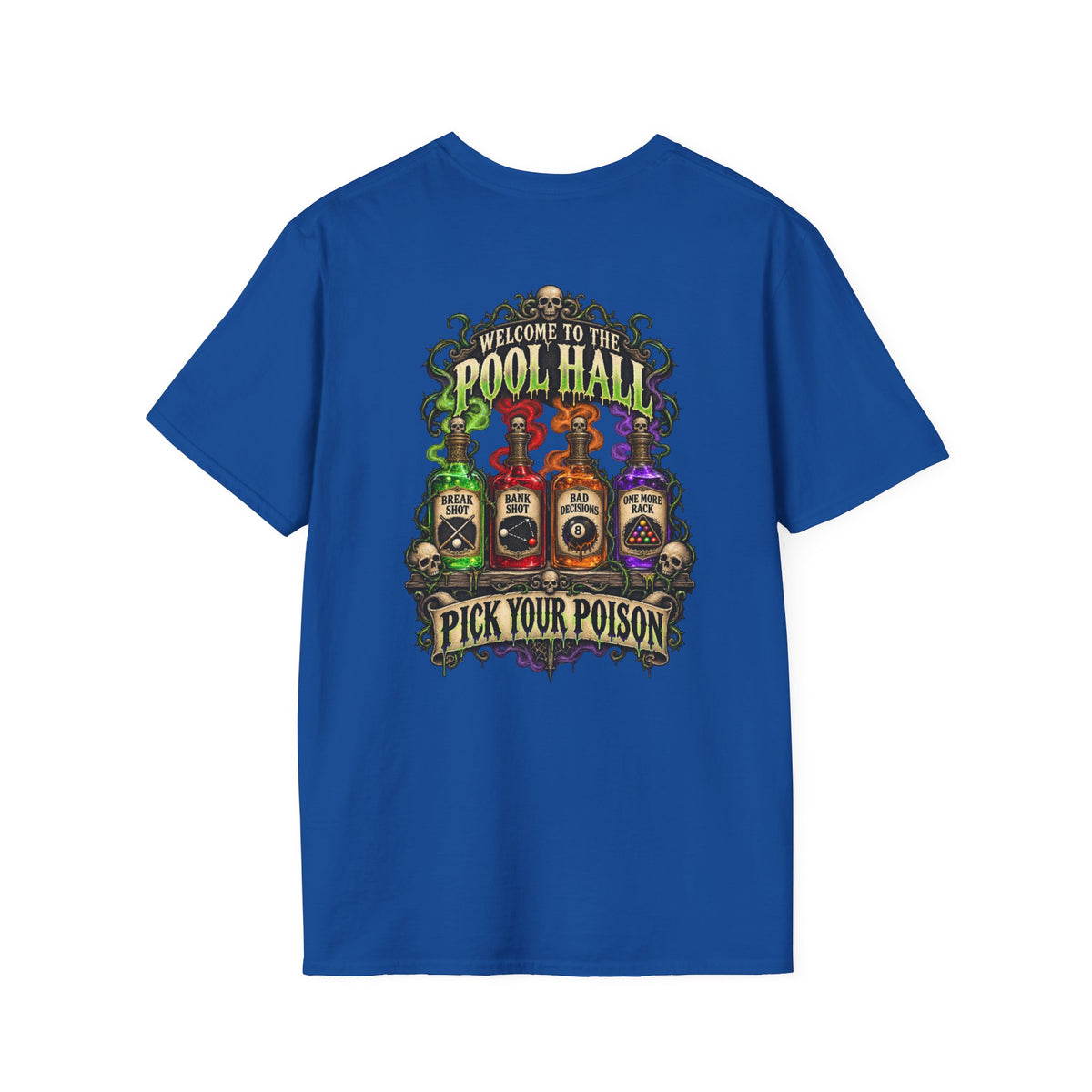 Pick Your Poison – Halloween Billiards T-Shirt – Front & Back Pool Tee | CCS-HST-003