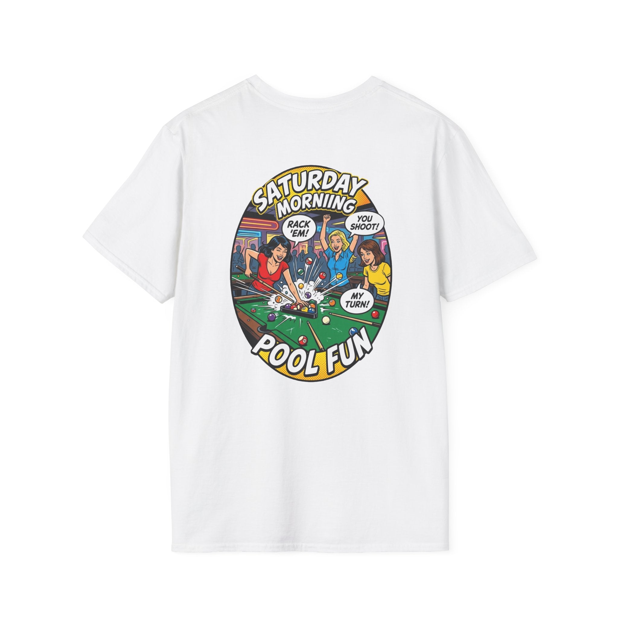 Saturday Morning Pool Fun Retro Comic Billiards T-Shirt | Funny Pool Player Graphic Tee | Front & Back Print