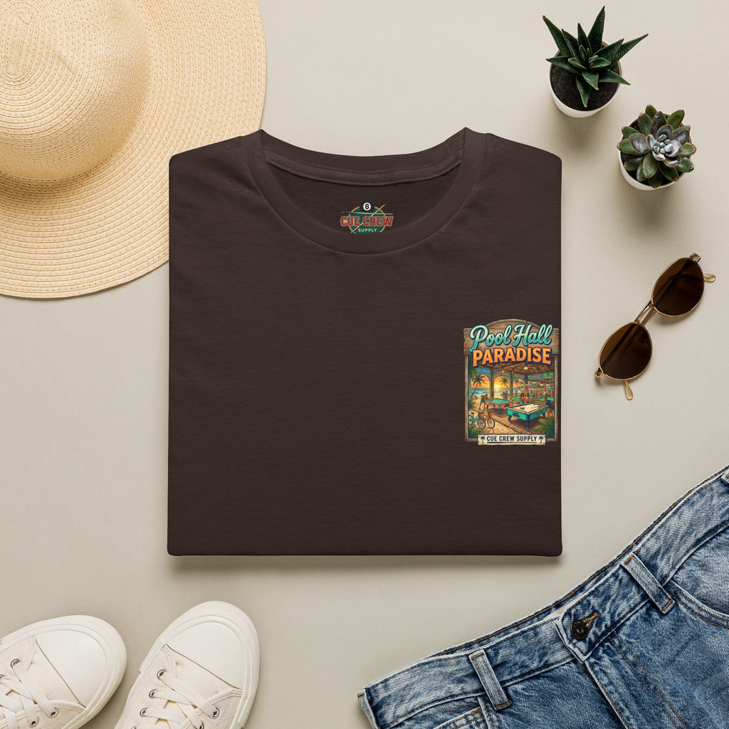 Pool Hall Paradise Tropical Billiards T-Shirt | Beach Bar Pool Player Graphic Tee | Front & Back Print