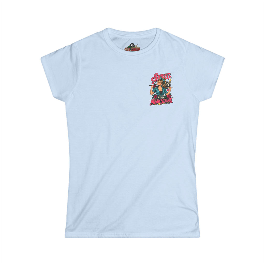 Sweet With a Mean Streak – Women’s Billiards T-Shirt – Front & Back Pool Tee