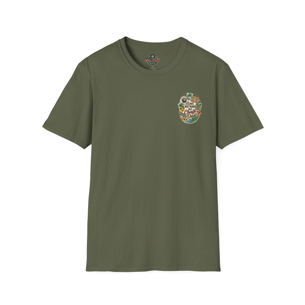 Leave Nothing But Chalk Dust | Tropical Pool Hall Vacation Billiards T-Shirt | Front & Back Graphic Tee