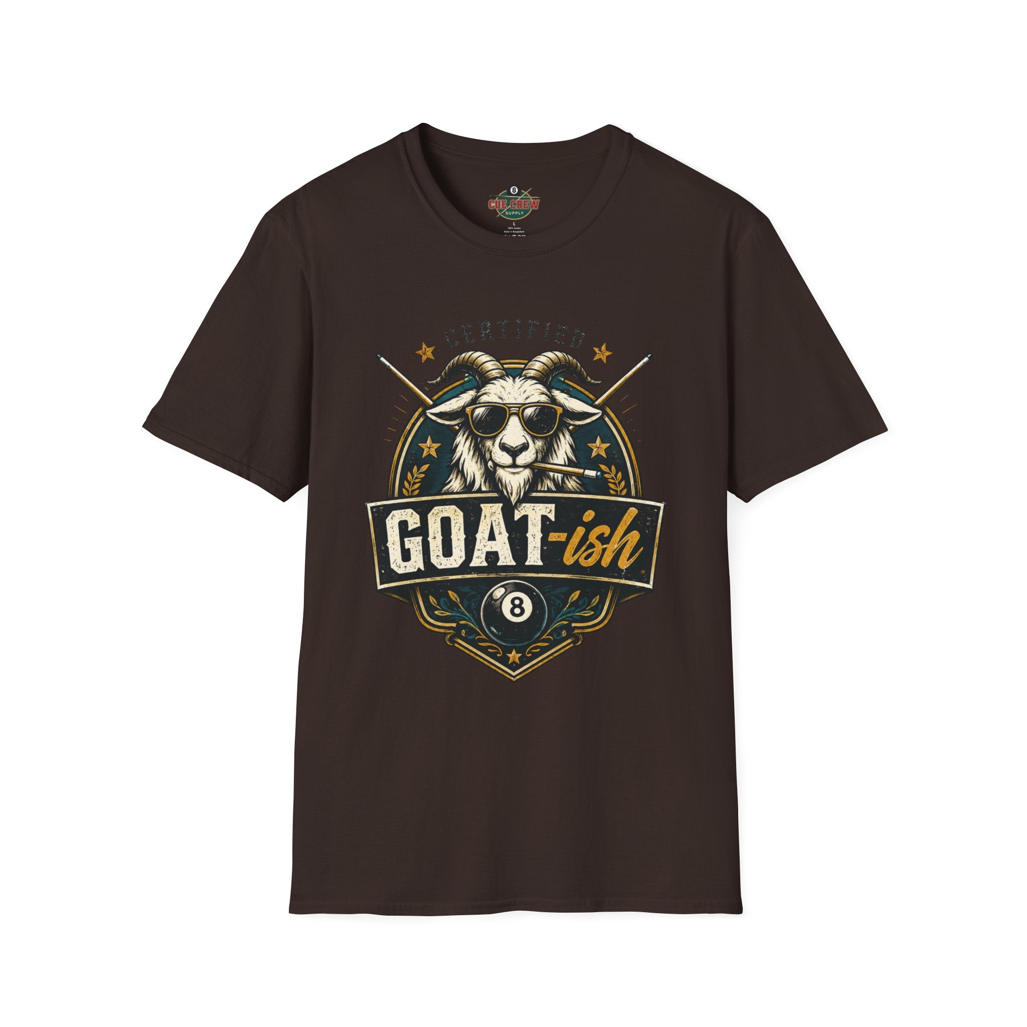 Certified GOAT-ish Funny Billiards T-Shirt | Pool Player Graphic Unisex Tee | 8 Ball Goat Design - Front Only