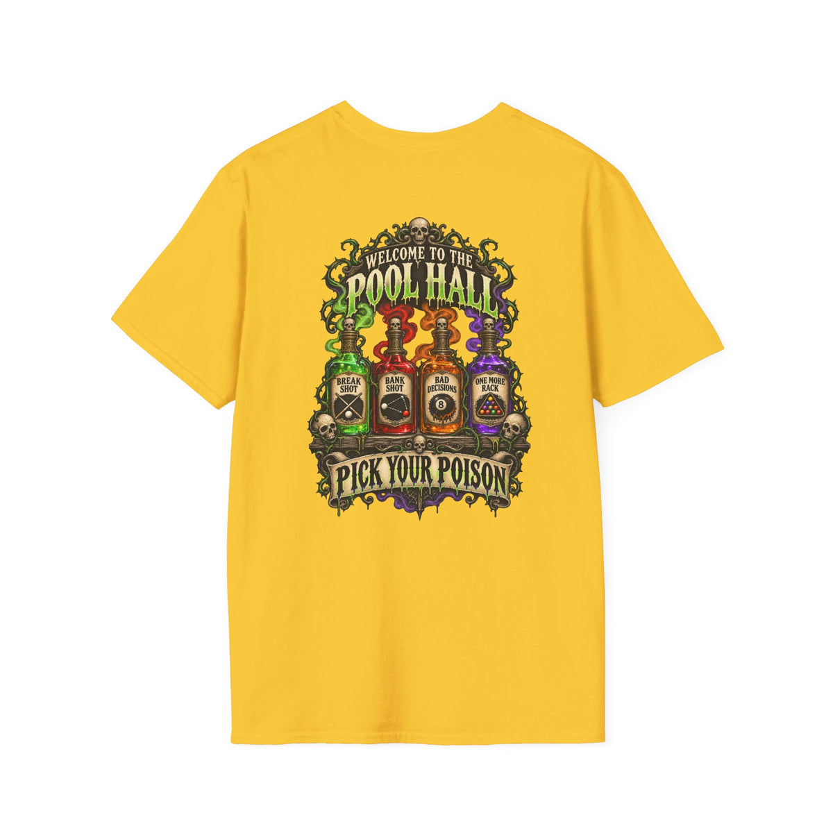 Pick Your Poison – Halloween Billiards T-Shirt – Front & Back Pool Tee | CCS-HST-003