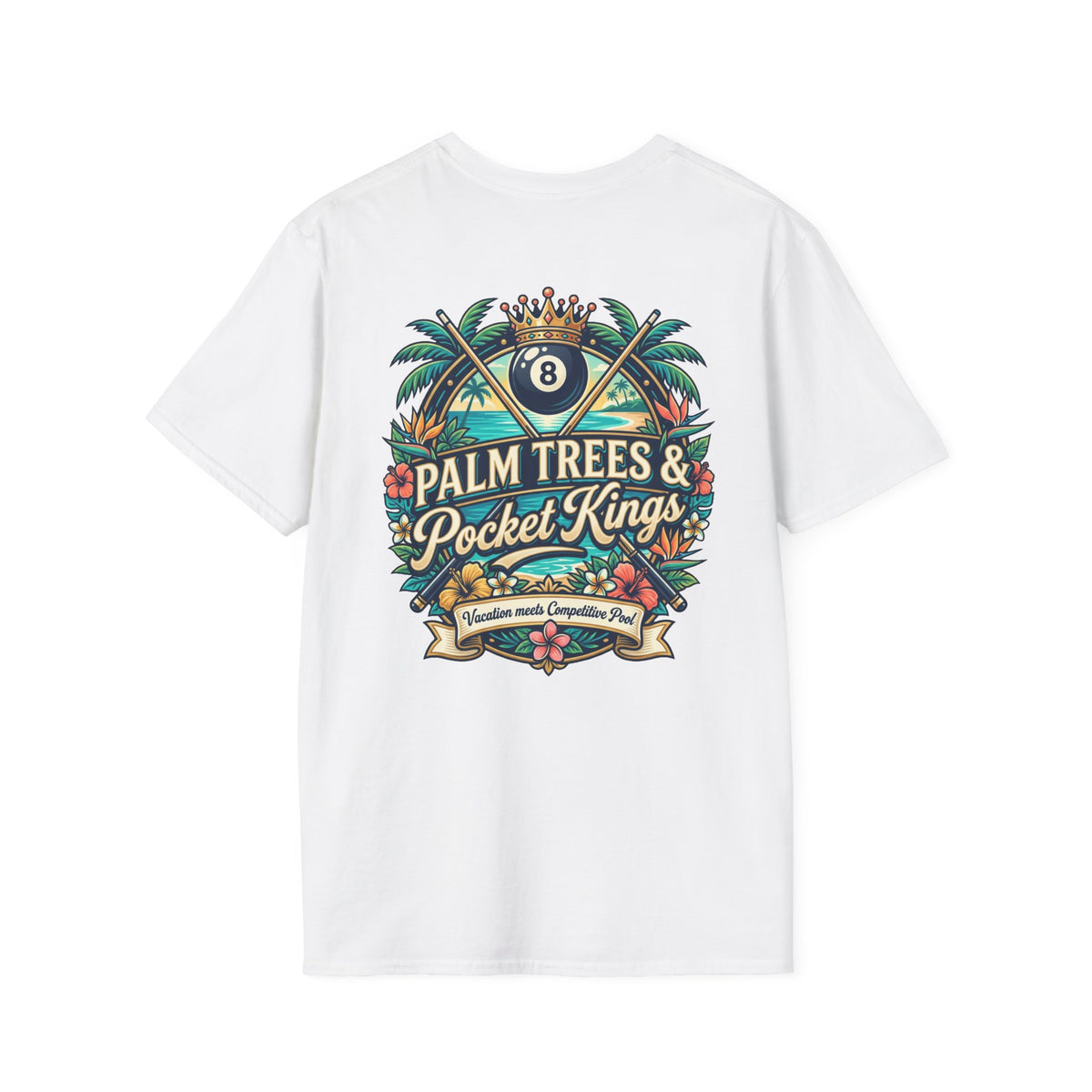 Palm Trees & Pocket Kings Billiards T-Shirt | Tropical Pool Player Graphic Tee | Vacation Pool Hall Shirt | Front & Back Print