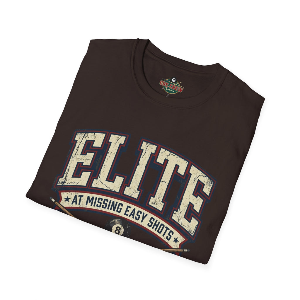 Elite at Missing Easy Shots V2 Funny Billiards T-Shirt | Vintage 8 Ball Pool Player Graphic Unisex Tee