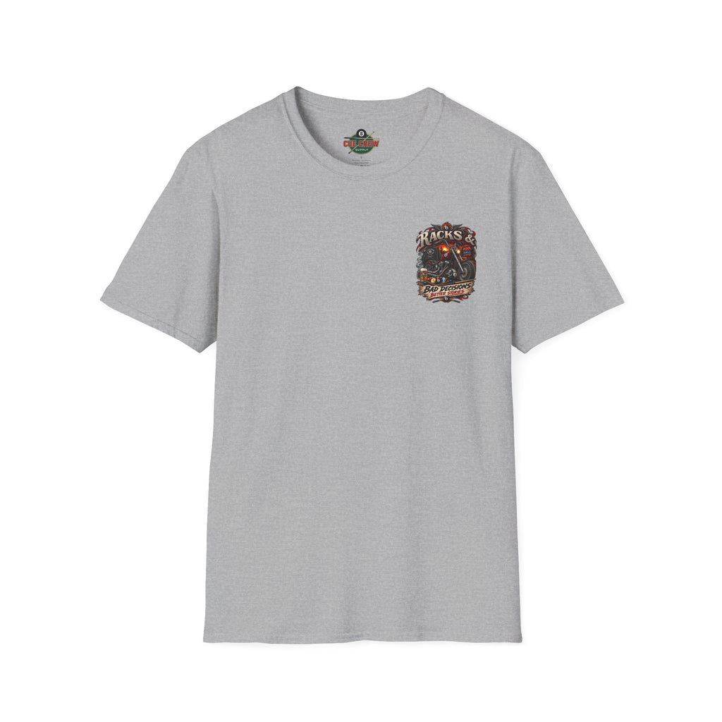 Racks & Bad Decisions Better Stories – Biker Billiards T-Shirt – Front & Back Pool Tee