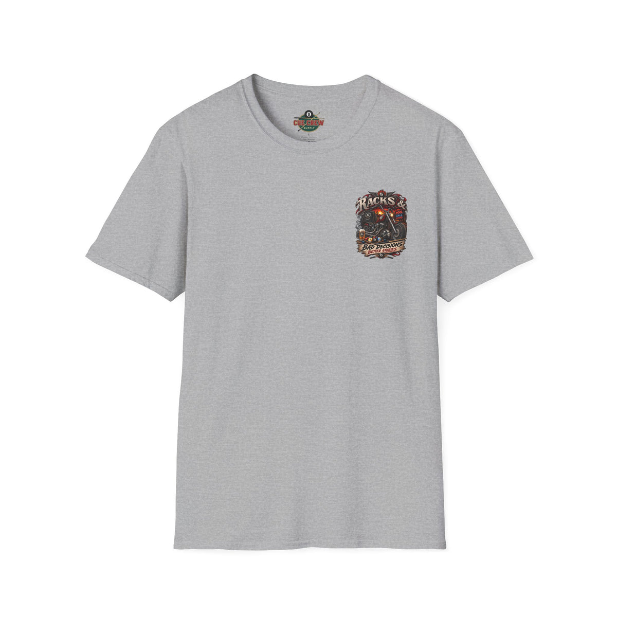 Racks & Bad Decisions Better Stories – Biker Billiards T-Shirt – Front & Back Pool Tee