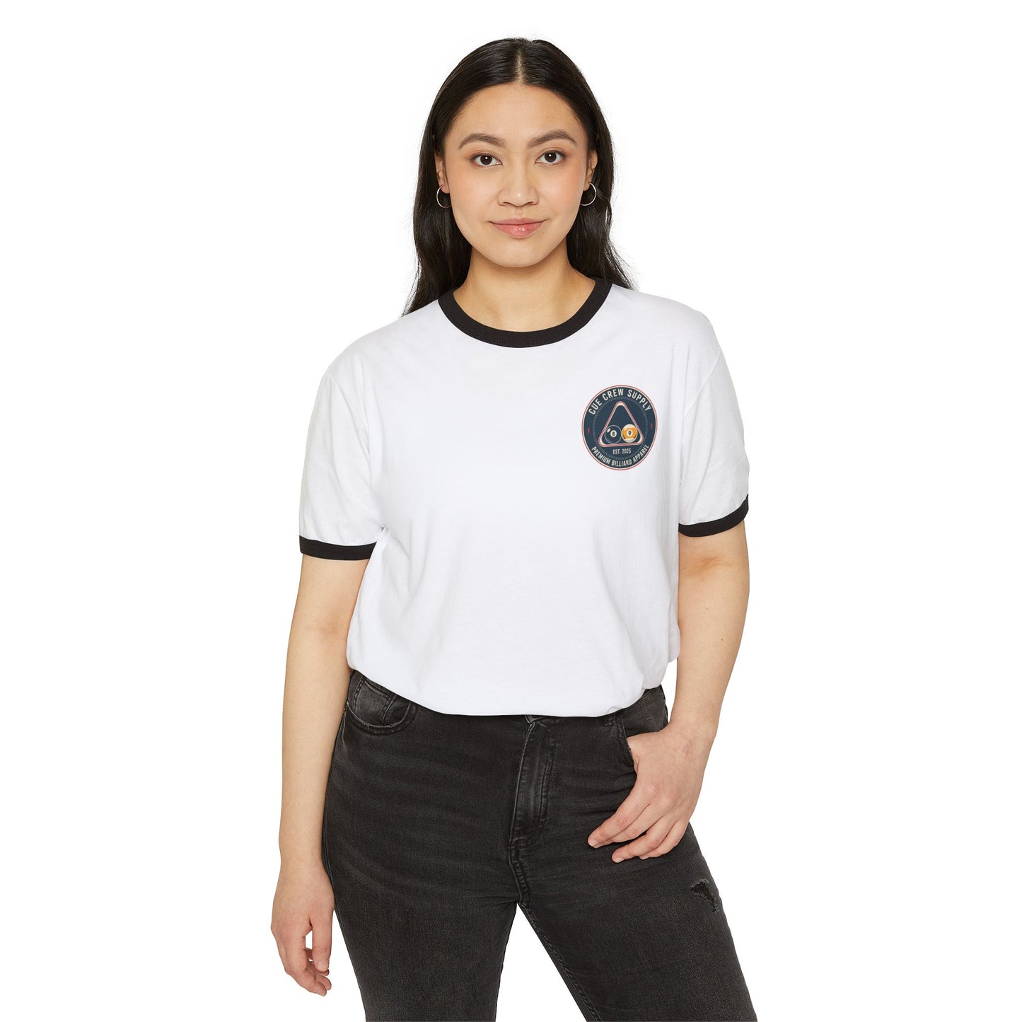 Cue Crew Supply Logo V11 Next Level Ringer Tee