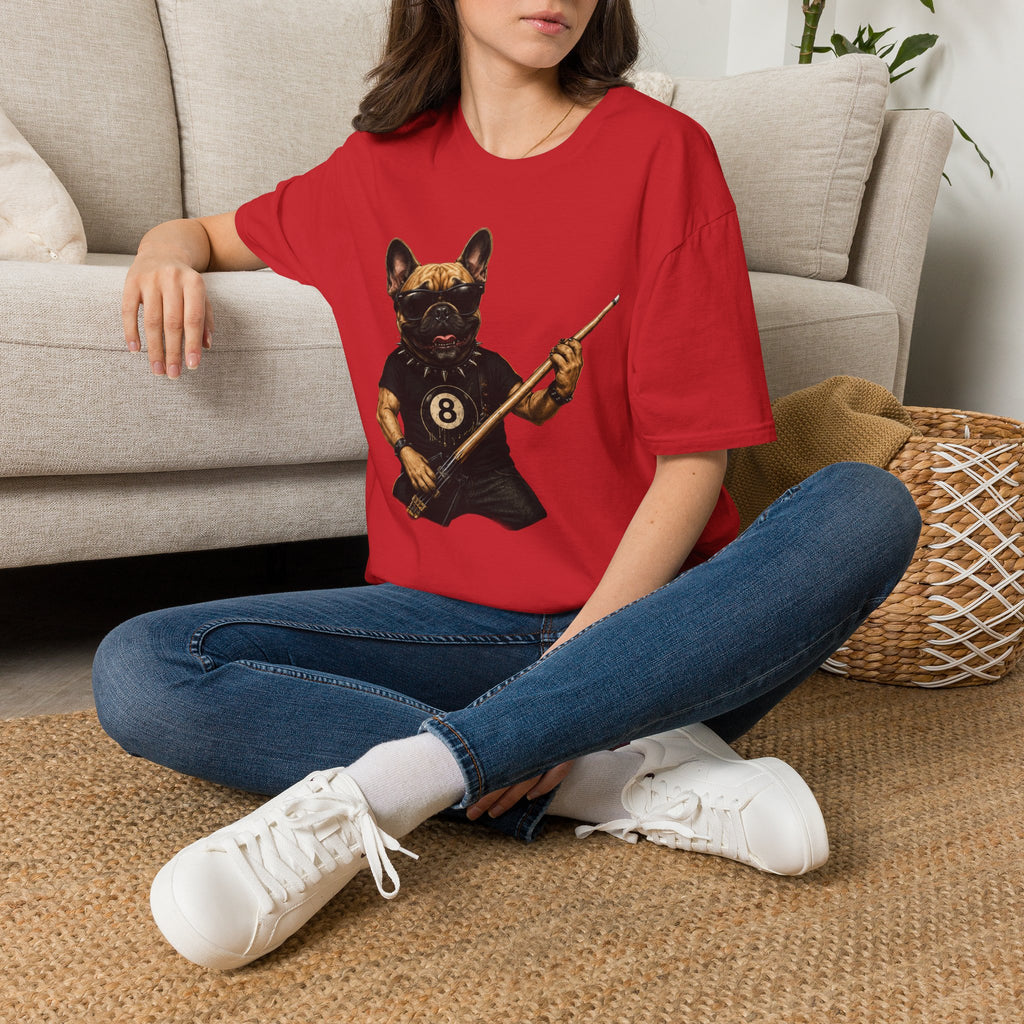Rockin' French Bulldog Playing Cue Guitar Funny Billiards T-Shirt | Pool Dog Graphic Front Print Unisex Tee
