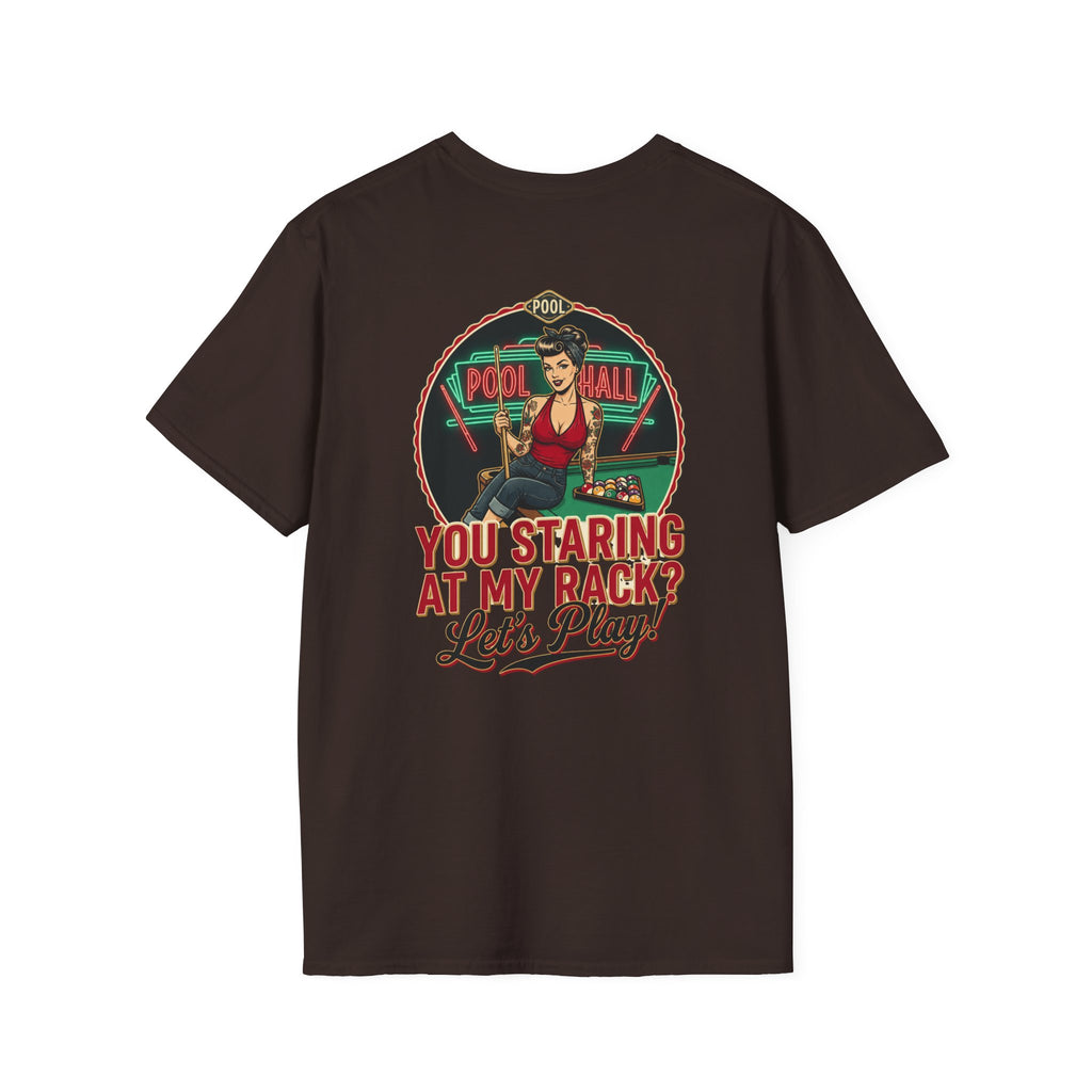 You Staring at My Rack? Let's Play! Funny Billiards T-Shirt | Retro Pool Hall Pin-Up Graphic Tee | Front & Back Print