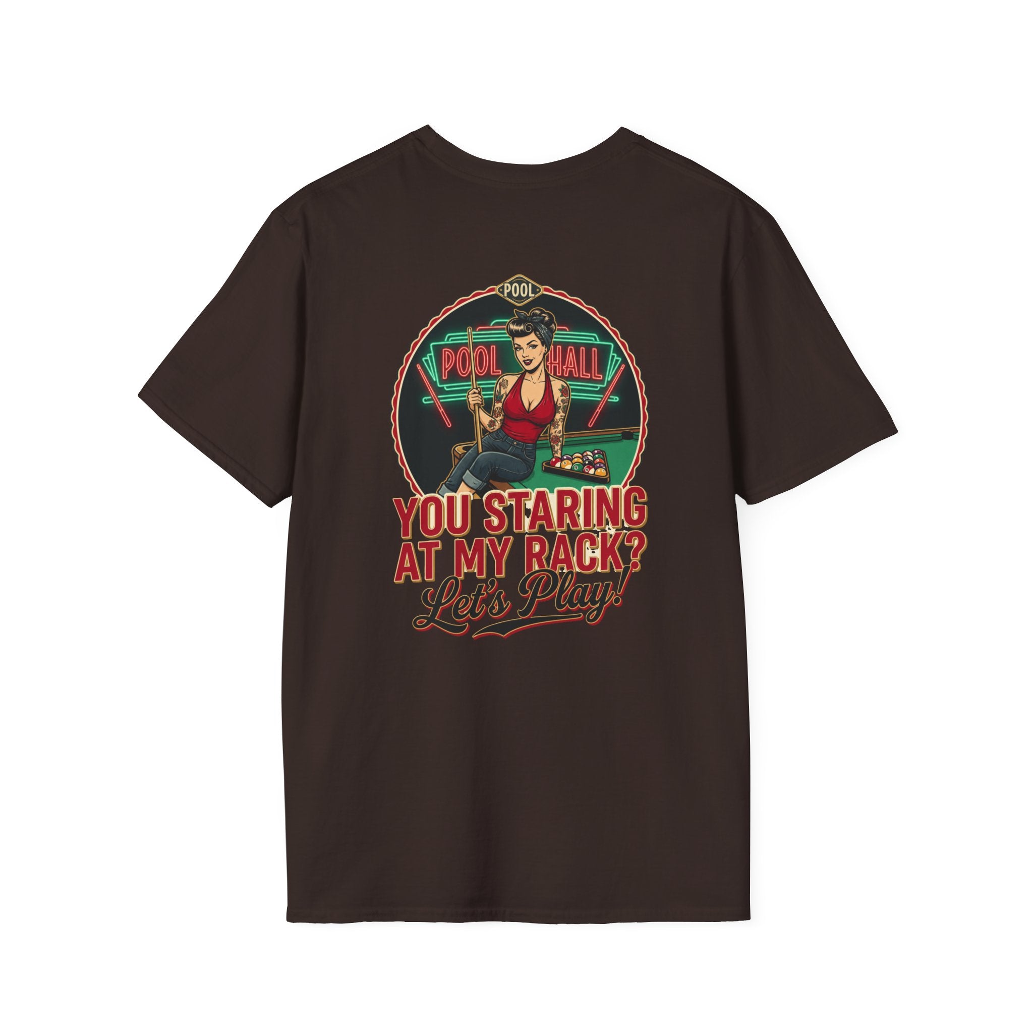 You Staring at My Rack? Let's Play! Funny Billiards T-Shirt | Retro Pool Hall Pin-Up Graphic Tee | Front & Back Print