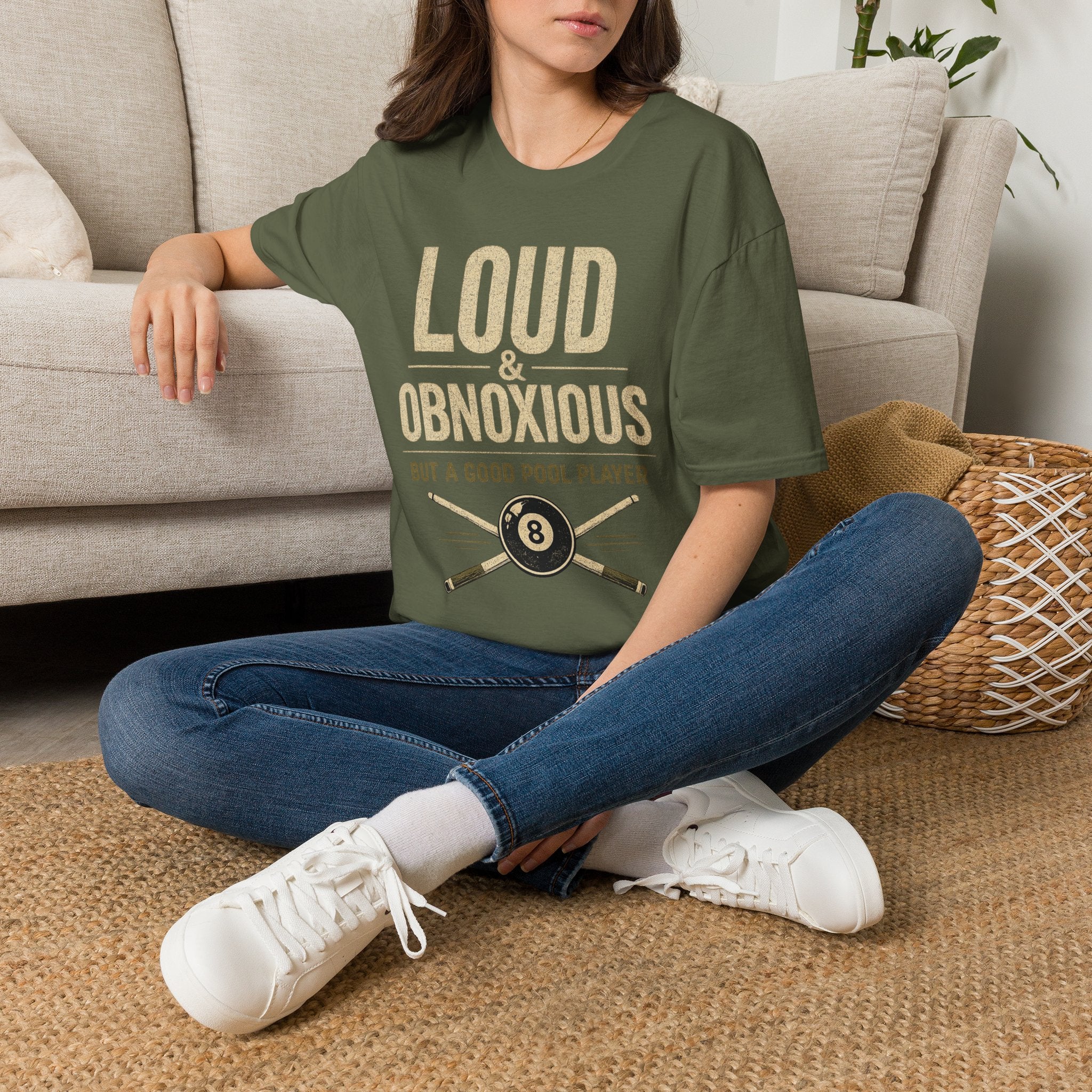 Loud & Obnoxious But a Good Pool Player Funny Billiards T-Shirt – Vintage 8 Ball Graphic Front Print Only Tee