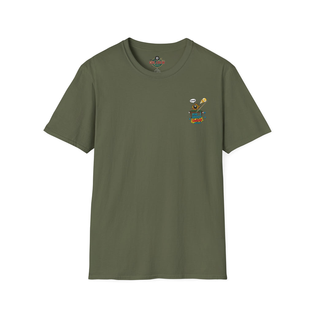 Aim Shoot Swear Repeat Funny Billiards T-Shirt | Comic Pool Player Graphic Tee | Front & Back Print