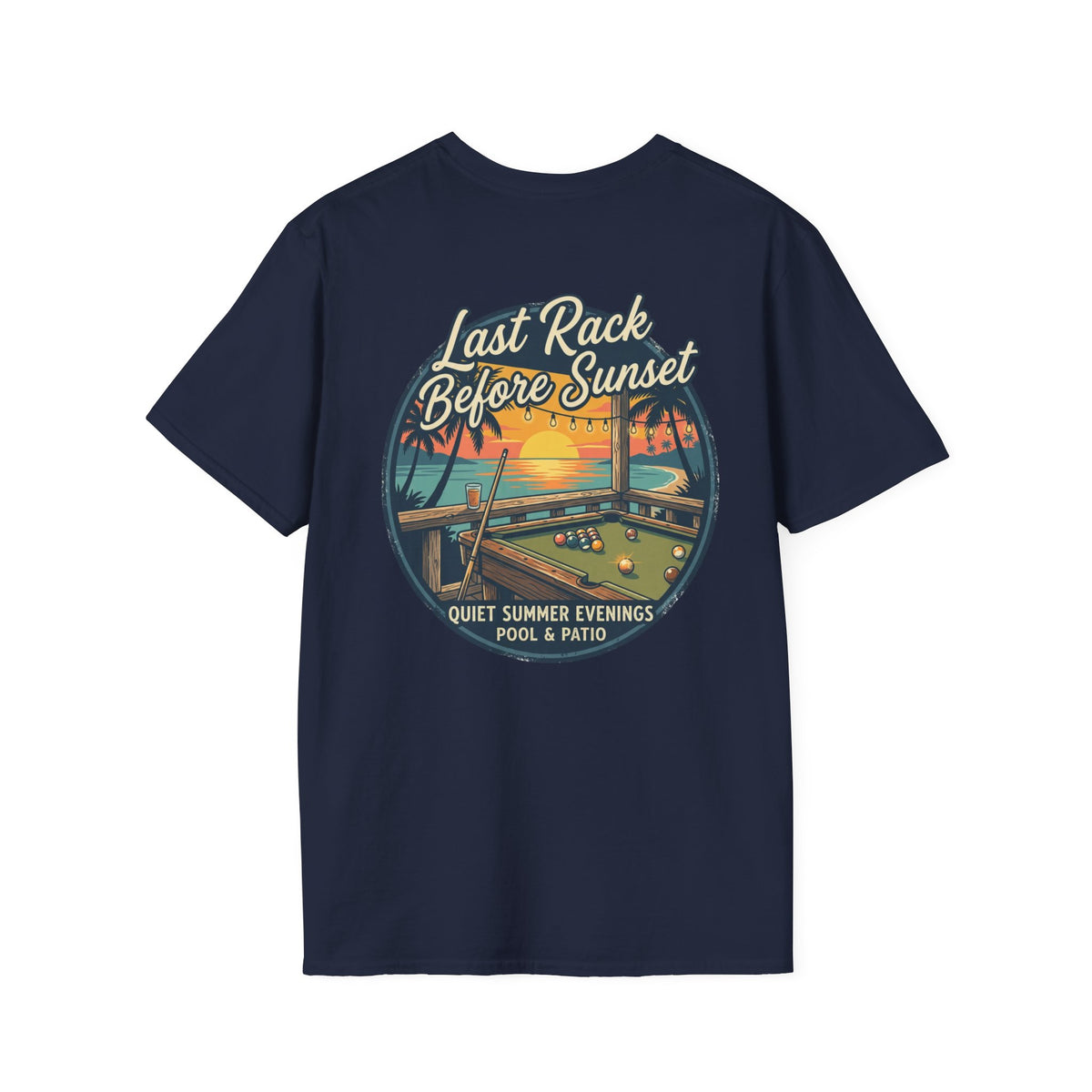 Last Rack Before Sunset Billiards T-Shirt | Tropical Pool Hall Sunset Graphic Tee | Beach Vibes Pool Player Shirt